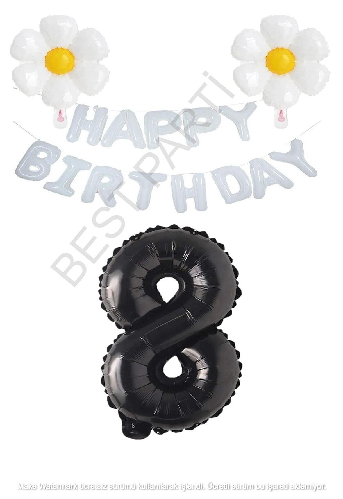 Beyaz Happy Bırthday Set Papatya ve Siyah Rakam Folyo Balon Seti Yaş 8