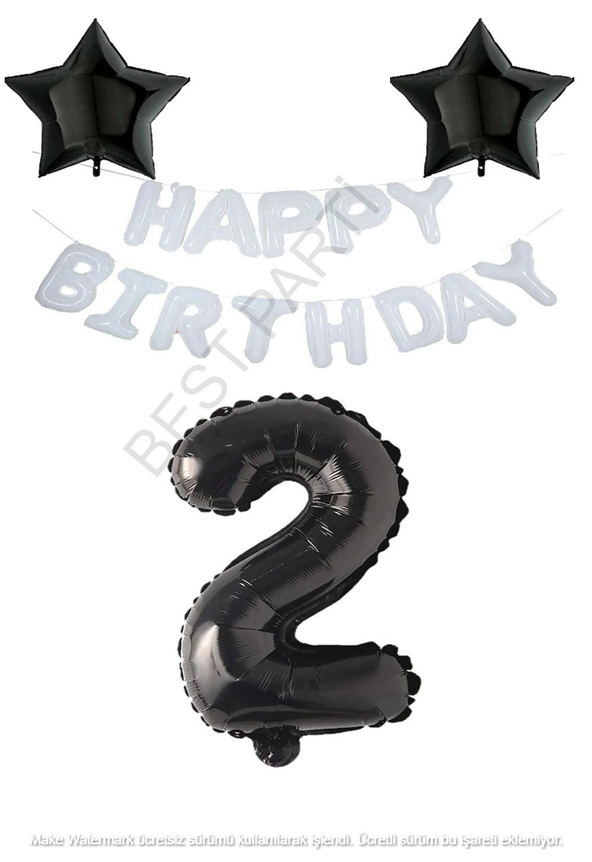 Beyaz Happy Bırthday Set Siyah Yıldız ve Rakam Folyo Balon Seti Yaş 2