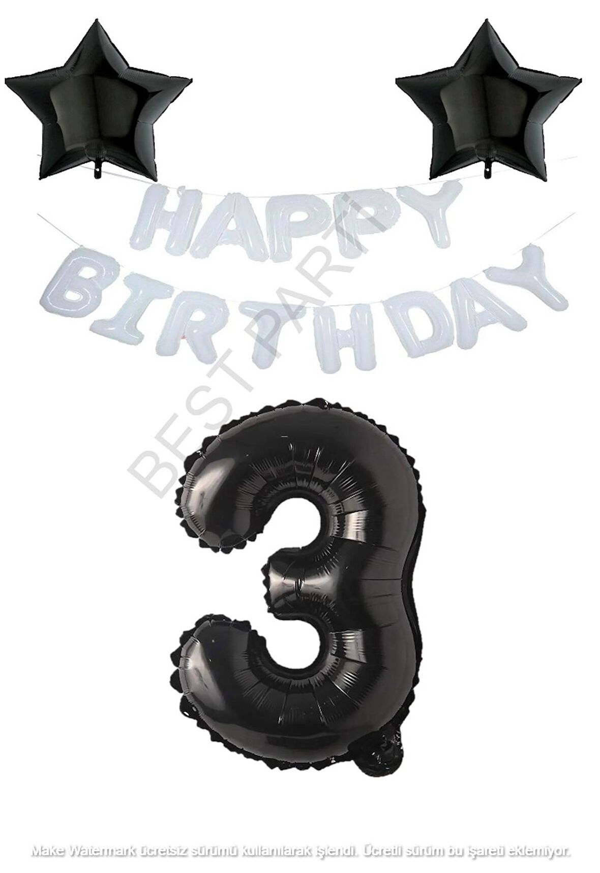 Beyaz Happy Bırthday Set Siyah Yıldız ve Rakam Folyo Balon Seti Yaş 3