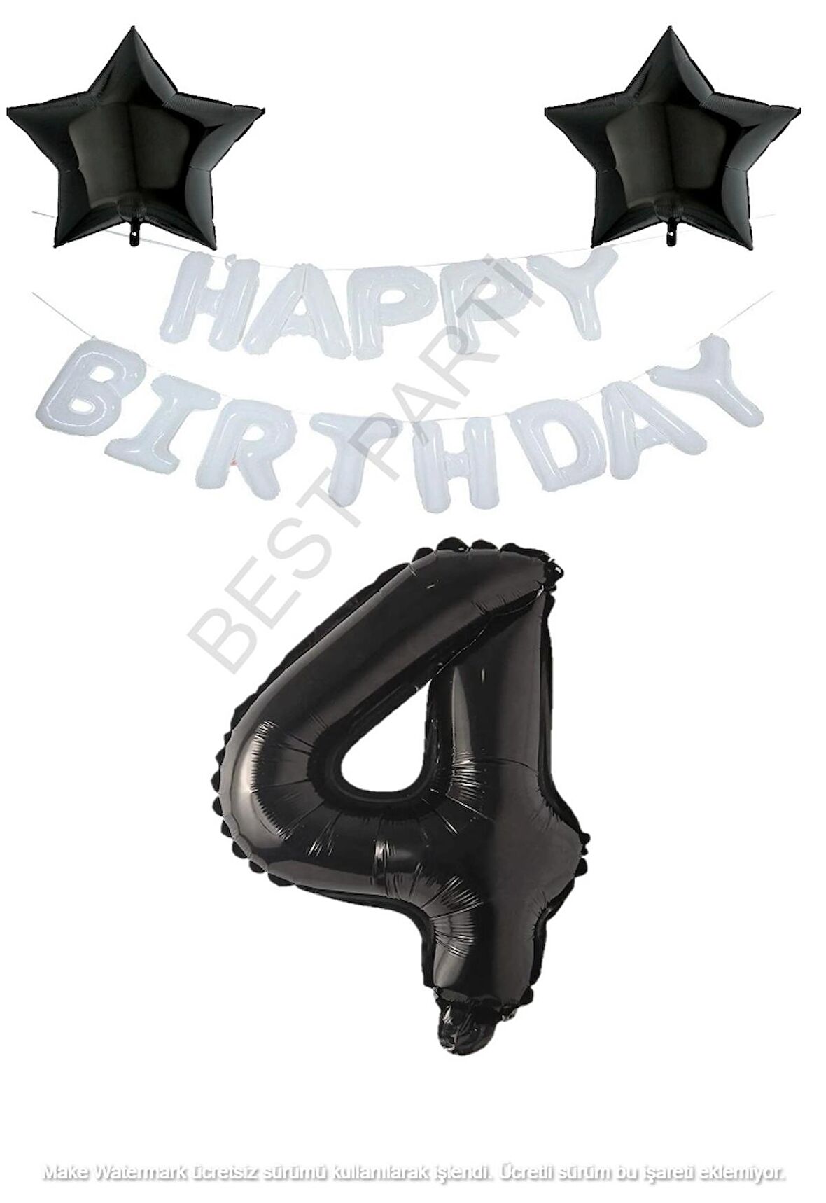 Beyaz Happy Bırthday Set Siyah Yıldız ve Rakam Folyo Balon Seti Yaş 4