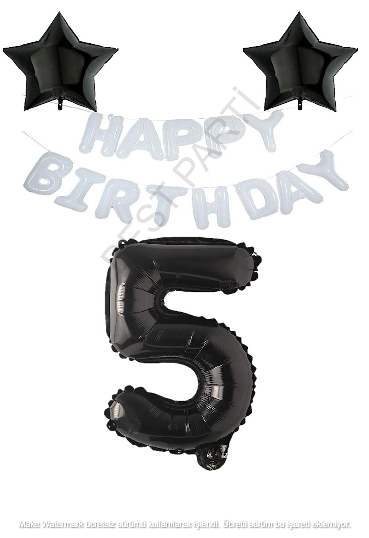 Beyaz Happy Bırthday Set Siyah Yıldız ve Rakam Folyo Balon Seti Yaş 5