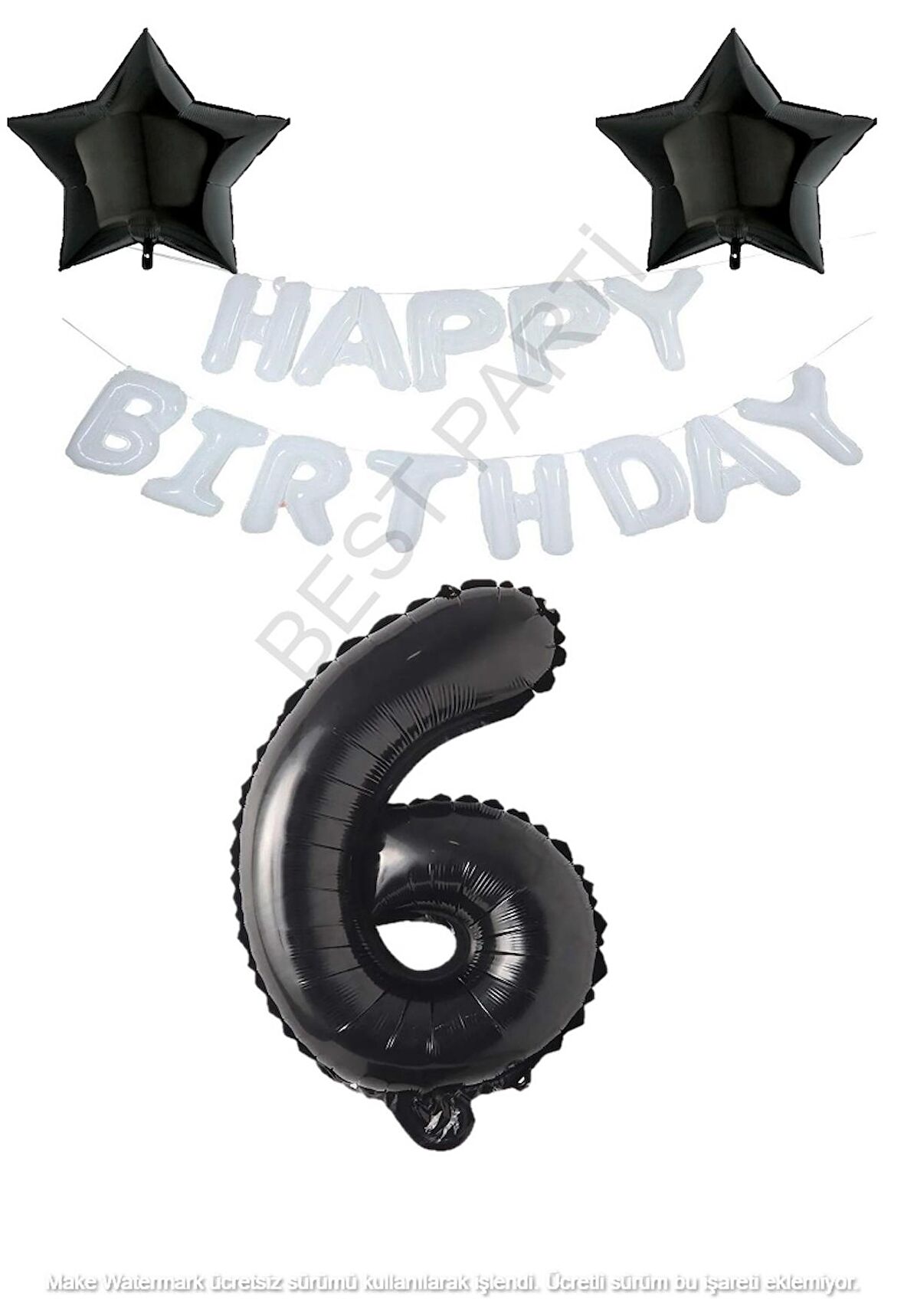 Beyaz Happy Bırthday Set Siyah Yıldız ve Rakam Folyo Balon Seti Yaş 6