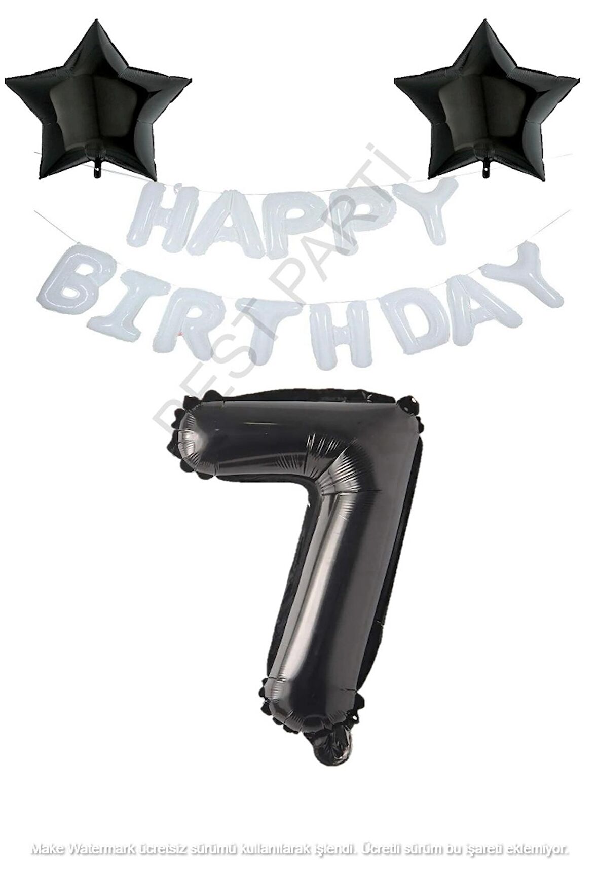 Beyaz Happy Bırthday Set Siyah Yıldız ve Rakam Folyo Balon Seti Yaş 7