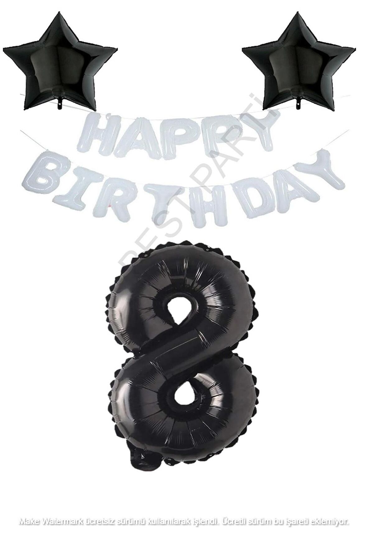 Beyaz Happy Bırthday Set Siyah Yıldız ve Rakam Folyo Balon Seti Yaş 8