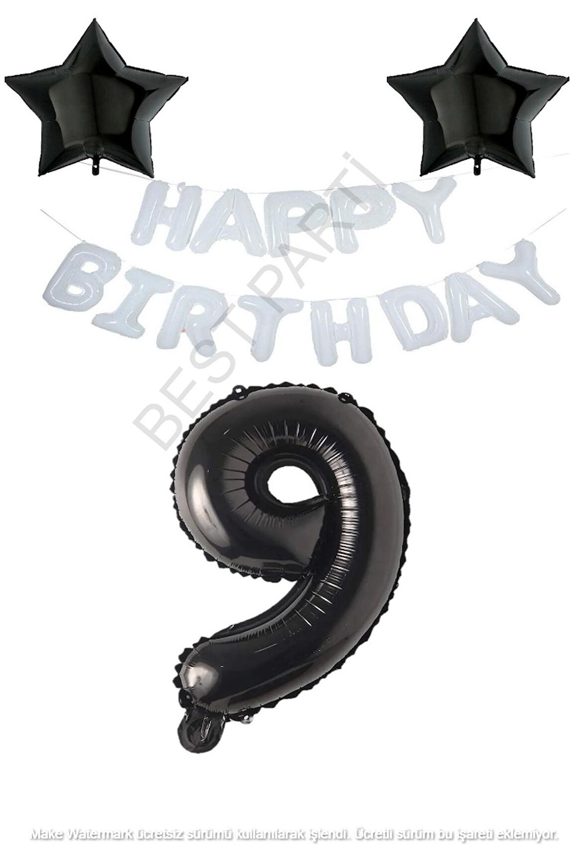 Beyaz Happy Bırthday Set Siyah Yıldız ve Rakam Folyo Balon Seti Yaş 9