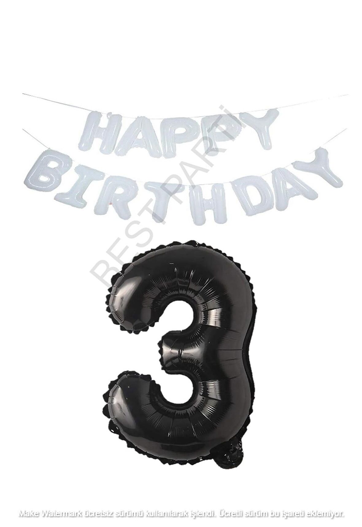 Beyaz Happy Bırthday Set ve Siyah Rakam Folyo Balon Seti Yaş 3