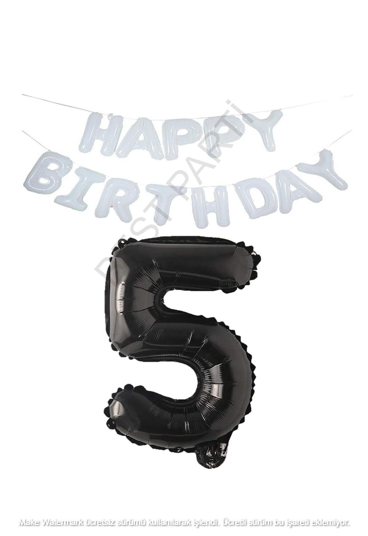 Beyaz Happy Bırthday Set ve Siyah Rakam Folyo Balon Seti Yaş 5