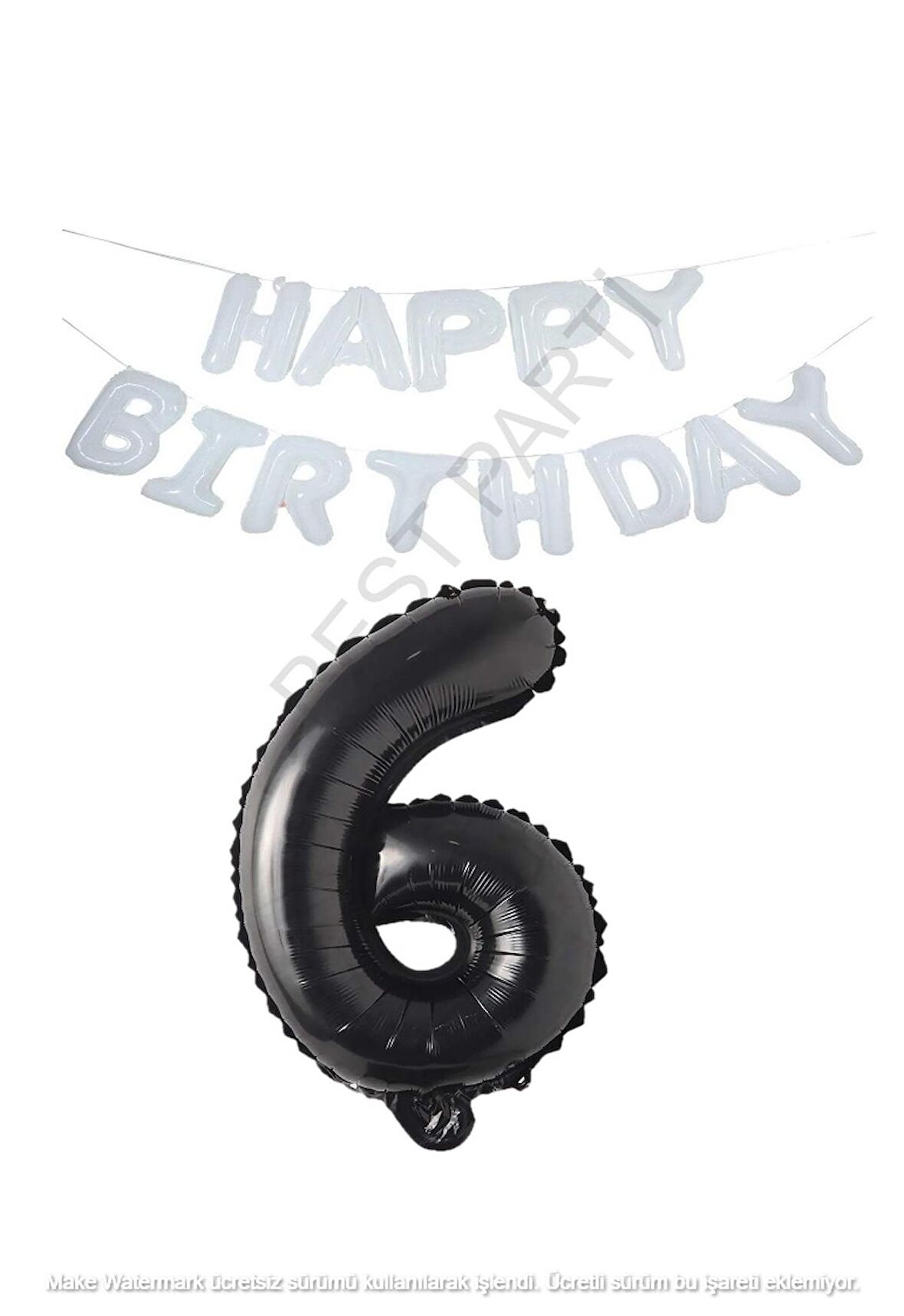 Beyaz Happy Bırthday Set ve Siyah Rakam Folyo Balon Seti Yaş 6