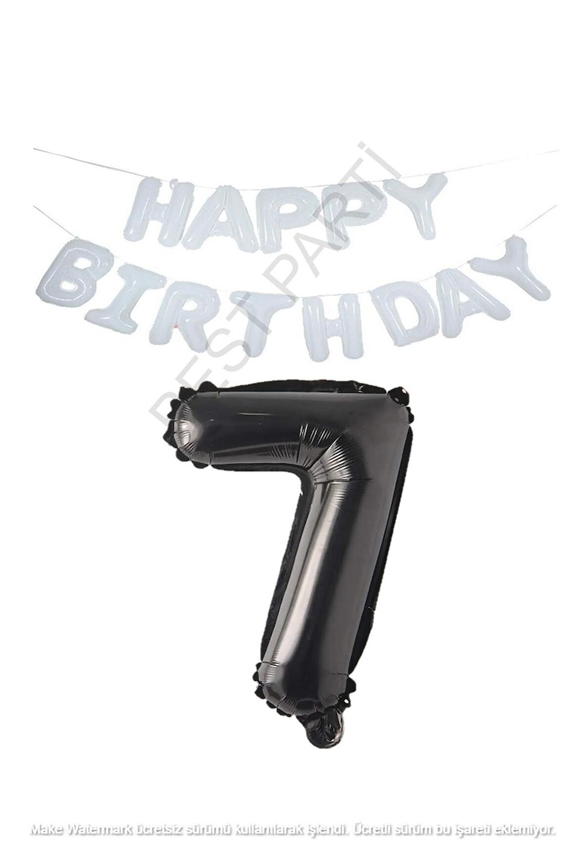 Beyaz Happy Bırthday Set ve Siyah Rakam Folyo Balon Seti Yaş 7