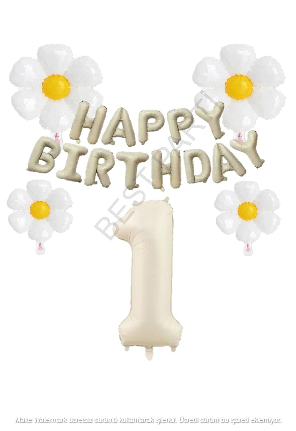 Bej Rengi Happy Bırthday Set rakam ve Papatya Folyo Balon Seti Yaş 1