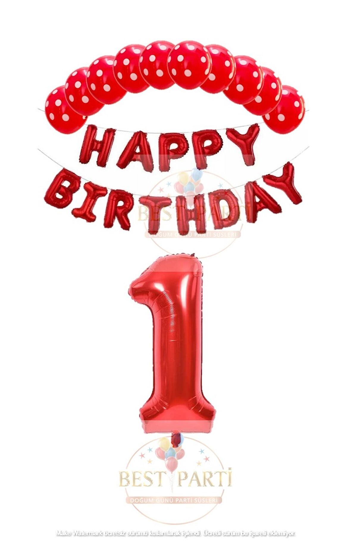 Kırmızı Renk Happy Bırthday Rakam Folyo Balon  Puanlı Balon Seti Yaş 1
