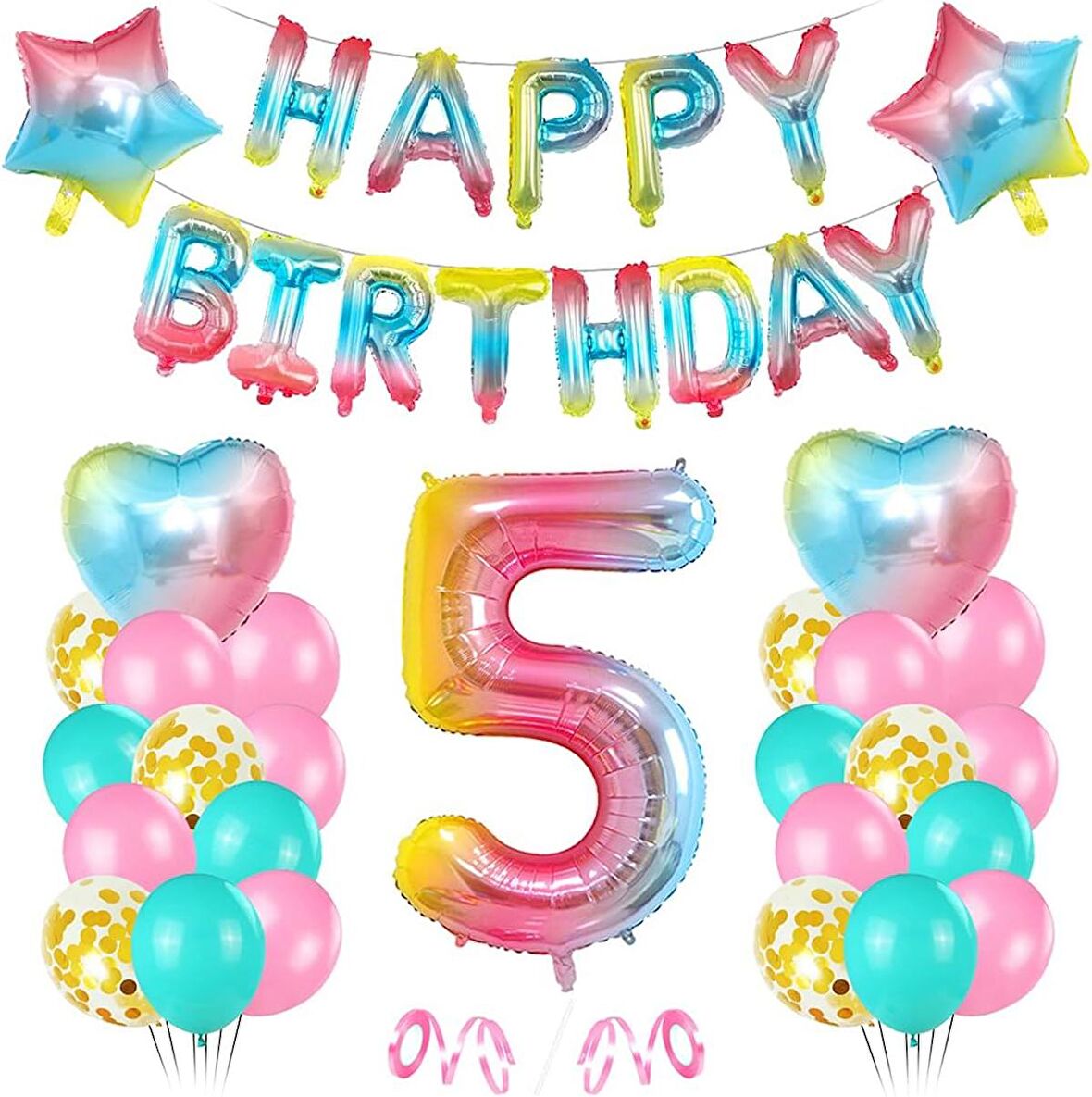 Gökkuşağı Renk  Happy Bırthday Yıldız Kalp Rakam Folyo Balon Seti Yaş 5