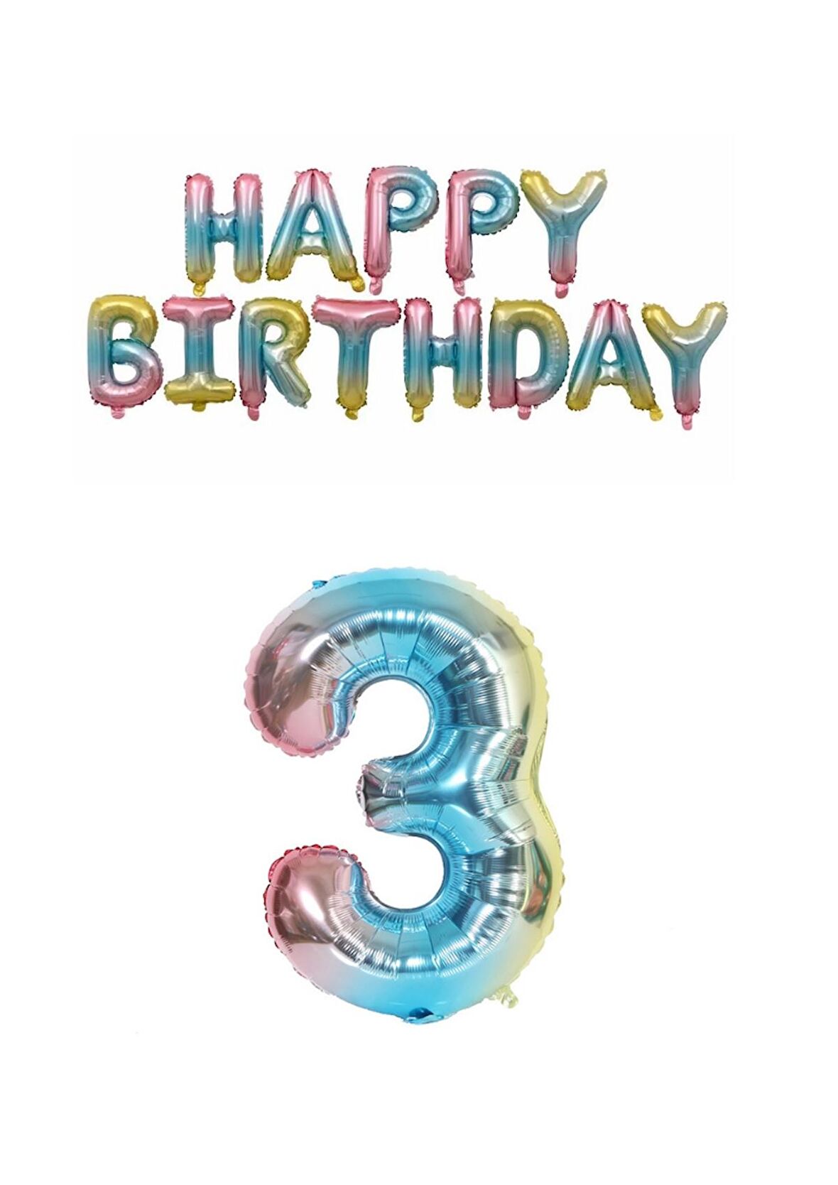 Gökkuşağı Renk  Happy Bırthday ve Rakam Folyo Balon Seti Yaş 3