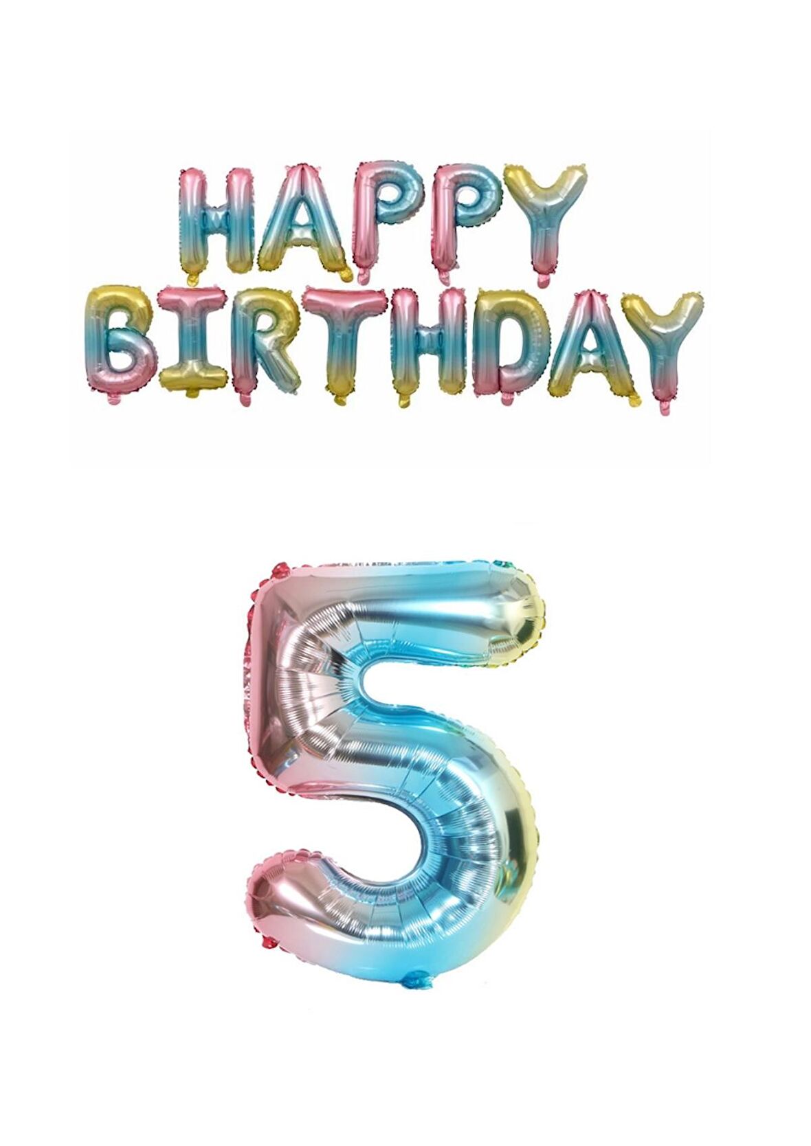 Gökkuşağı Renk  Happy Bırthday ve Rakam Folyo Balon Seti Yaş 5