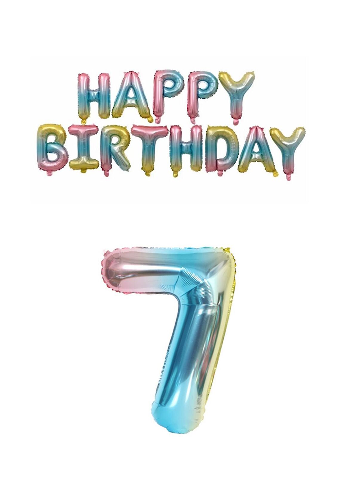 Gökkuşağı Renk  Happy Bırthday ve Rakam Folyo Balon Seti Yaş 7