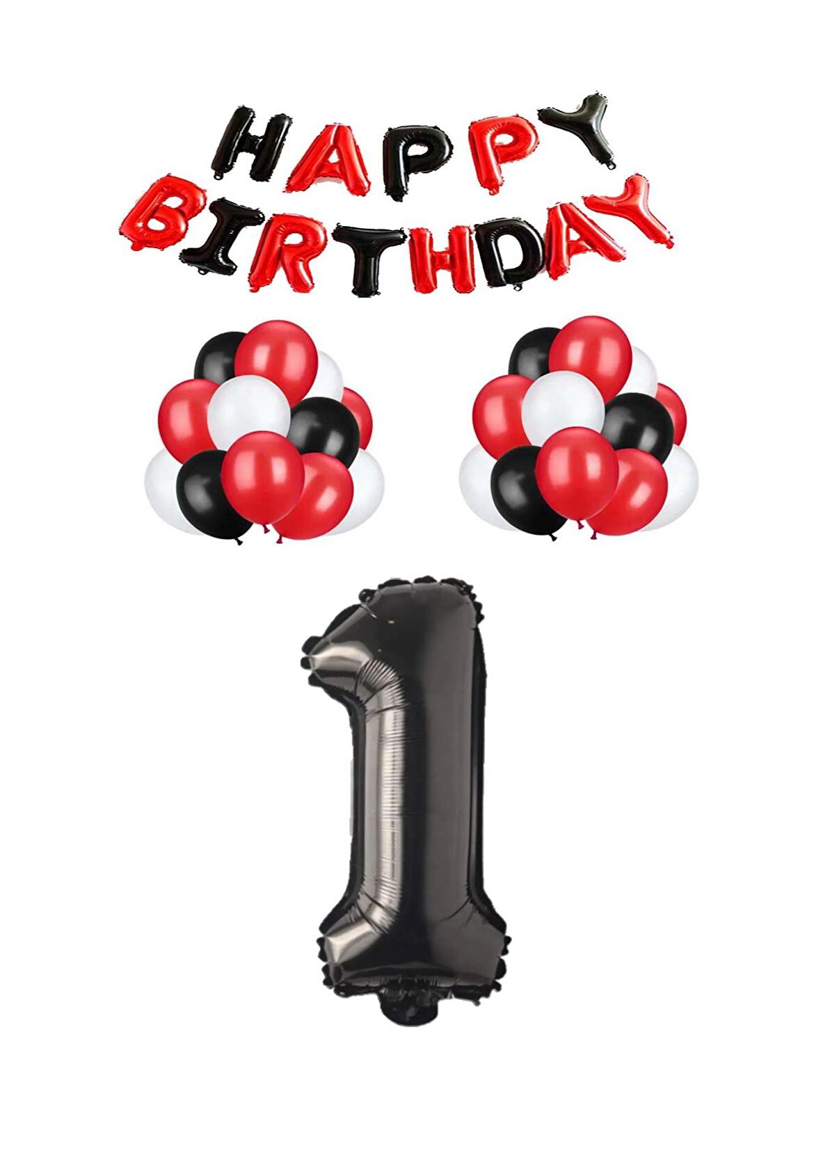 Siyah Kırmızı Happy Bırthday Siyah Rakam Folyo ve Latex Balon Seti Yaş 1