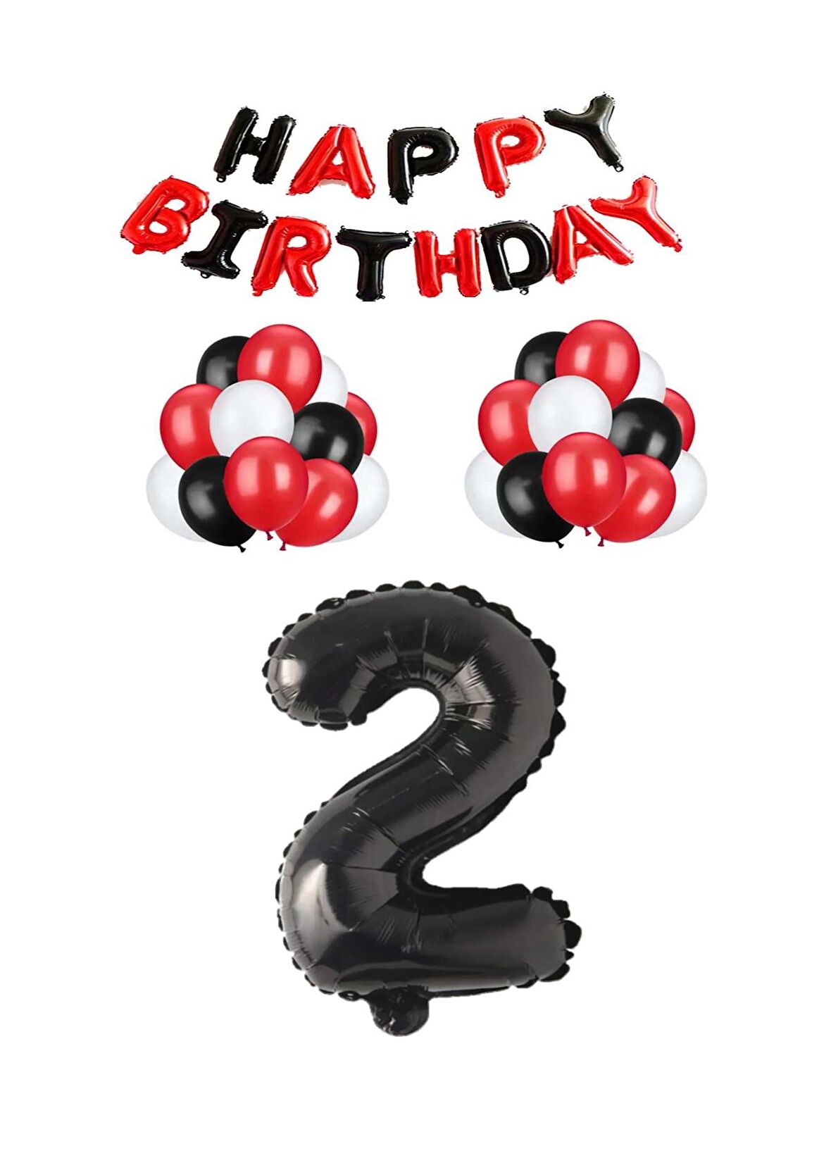 Siyah Kırmızı Happy Bırthday Siyah Rakam Folyo ve Latex Balon Seti Yaş 2
