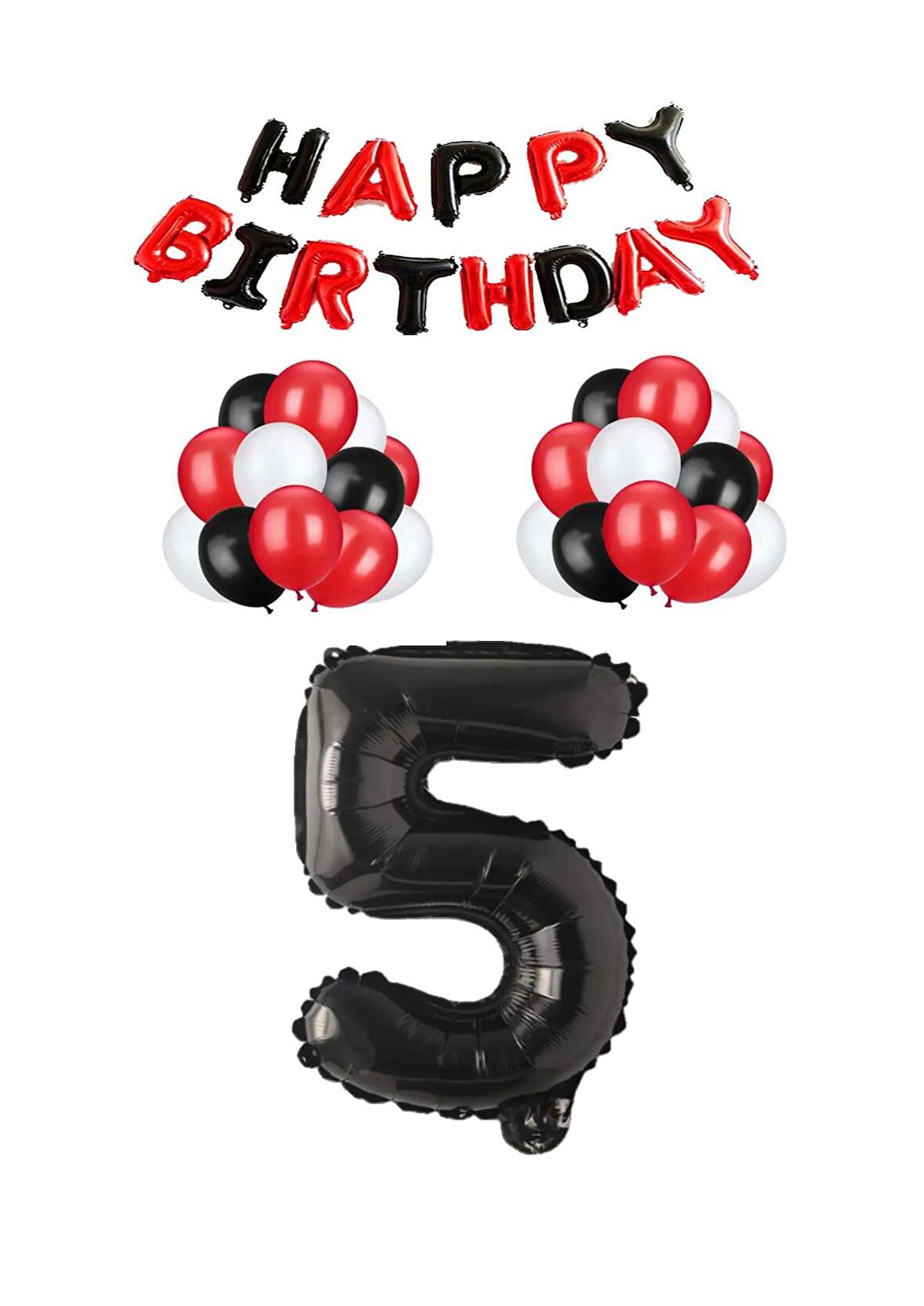 Siyah Kırmızı Happy Bırthday Siyah Rakam Folyo ve Latex Balon Seti Yaş 5