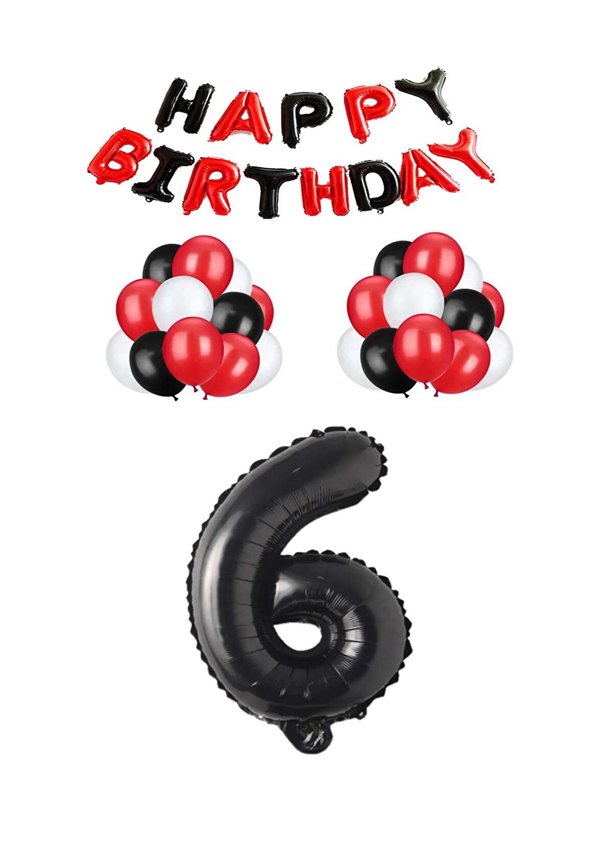 Siyah Kırmızı Happy Bırthday Siyah Rakam Folyo ve Latex Balon Seti Yaş 6