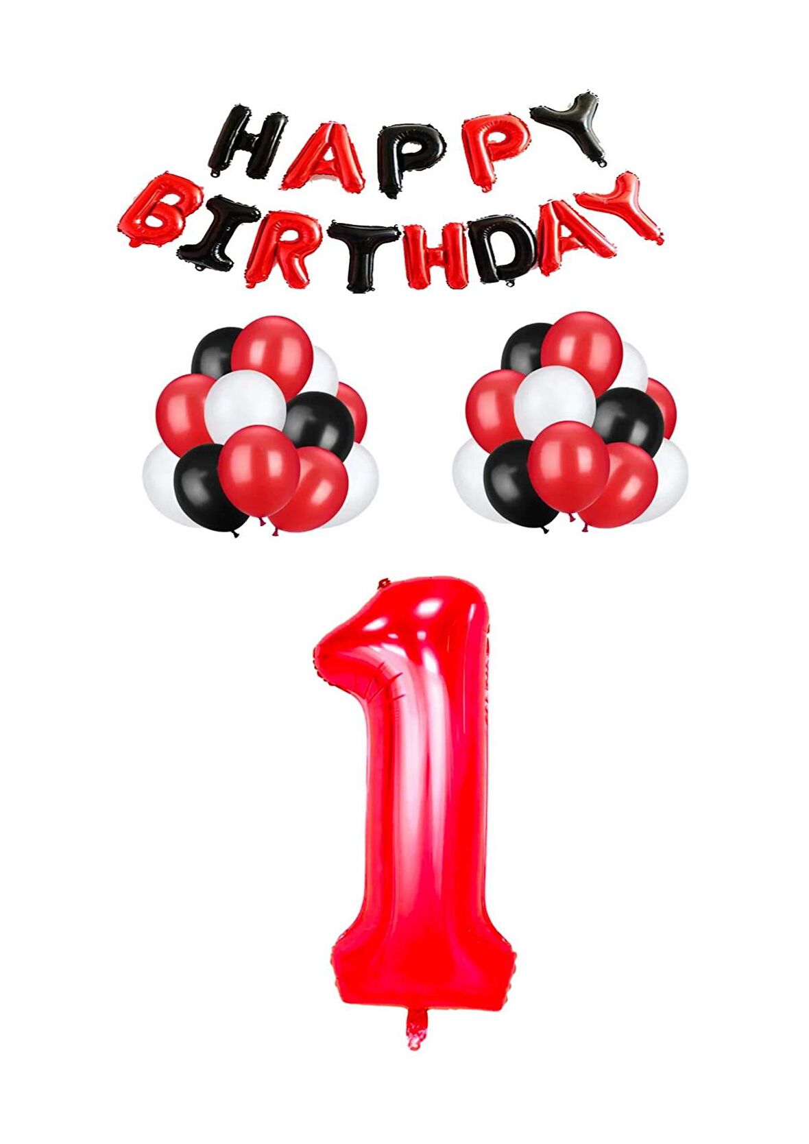 Siyah Kırmızı Happy Bırthday Kırmızı Rakam Folyo ve Latex Balon Seti Yaş 1