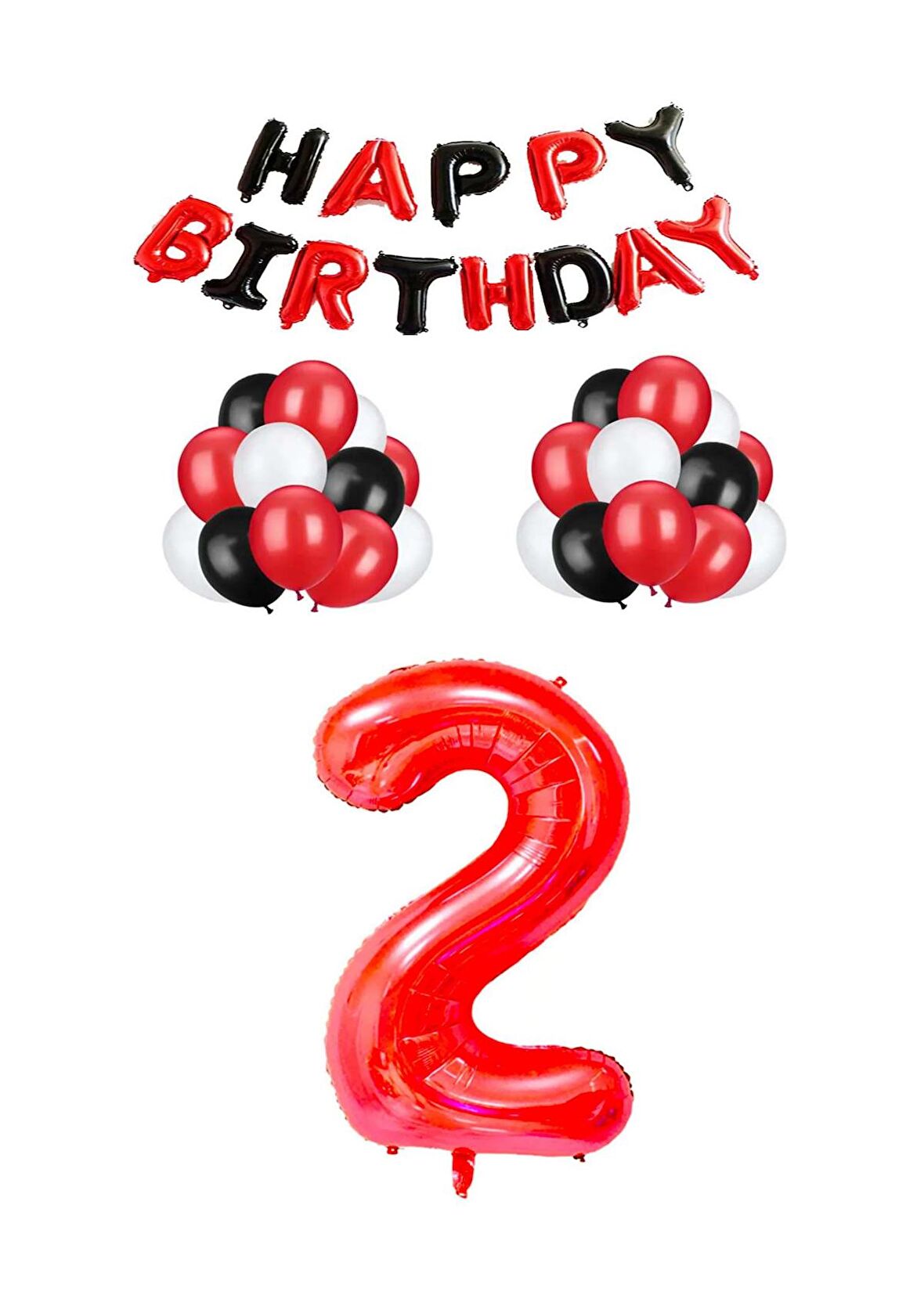 Siyah Kırmızı Happy Bırthday Kırmızı Rakam Folyo ve Latex Balon Seti Yaş 2