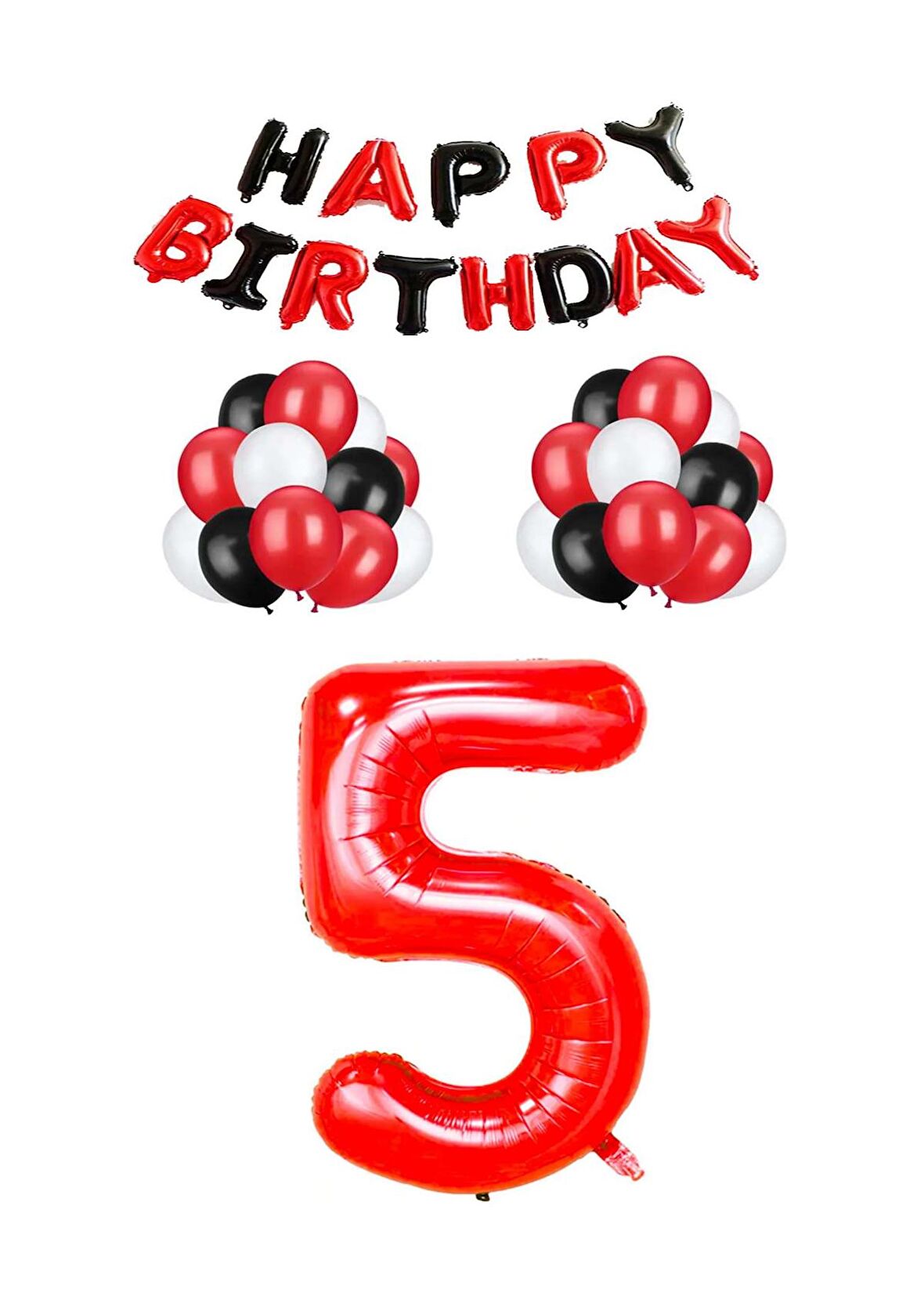 Siyah Kırmızı Happy Bırthday Kırmızı Rakam Folyo ve Latex Balon Seti Yaş 5