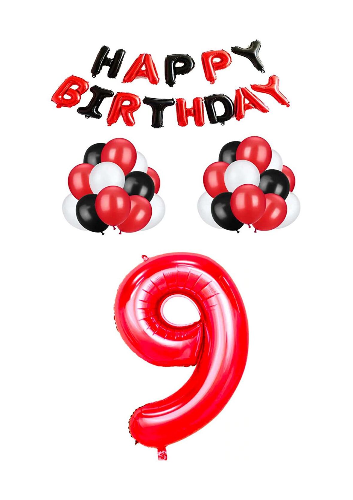 Siyah Kırmızı Happy Bırthday Kırmızı Rakam Folyo ve Latex Balon Seti Yaş 9