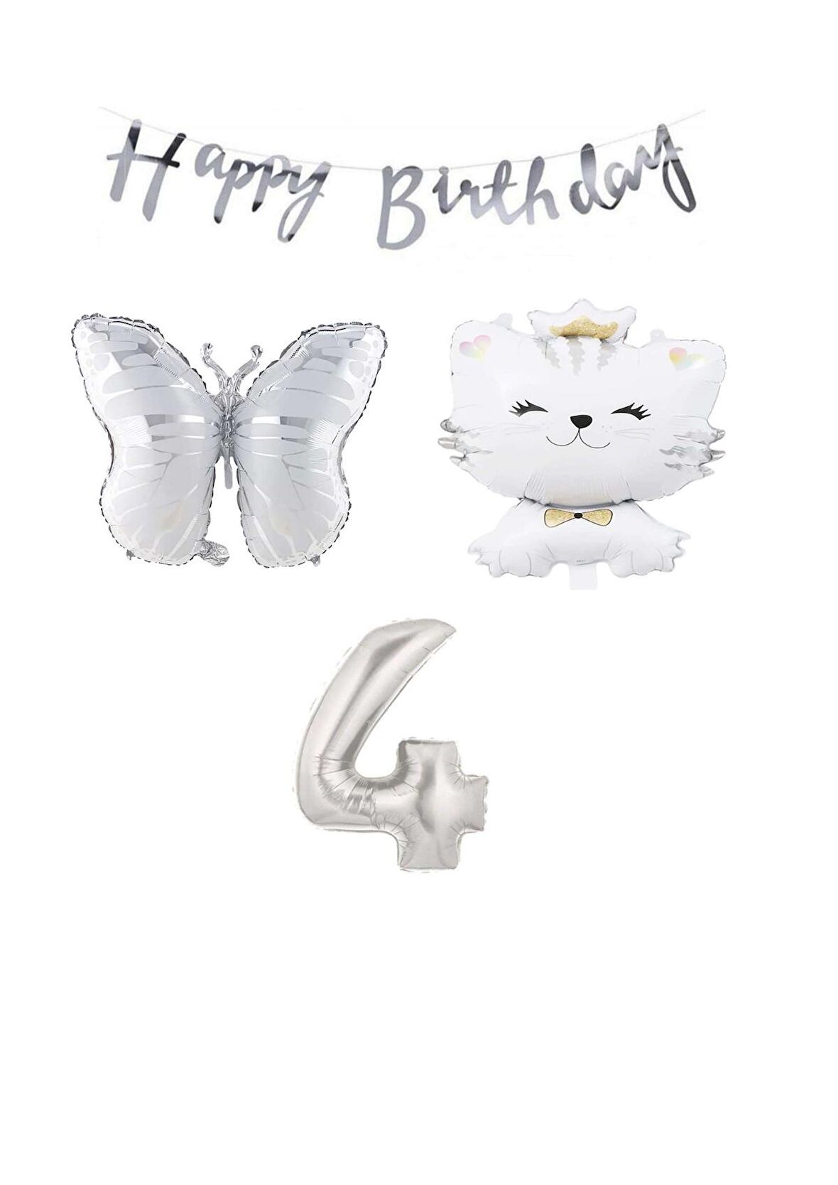 Happy Bırthday Banner Sevimli Kedi Kelebek ve Rakam Folyo Balon Seti Yaş 4