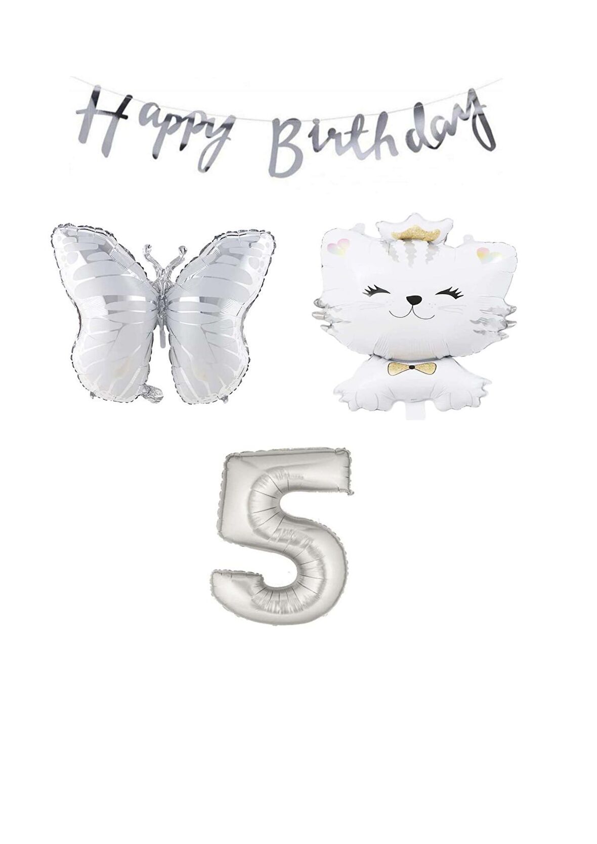 Happy Bırthday Banner Sevimli Kedi Kelebek ve Rakam Folyo Balon Seti Yaş 5