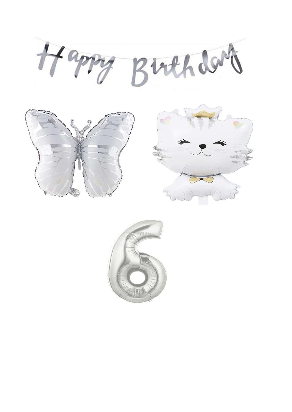Happy Bırthday Banner Sevimli Kedi Kelebek ve Rakam Folyo Balon Seti Yaş 6