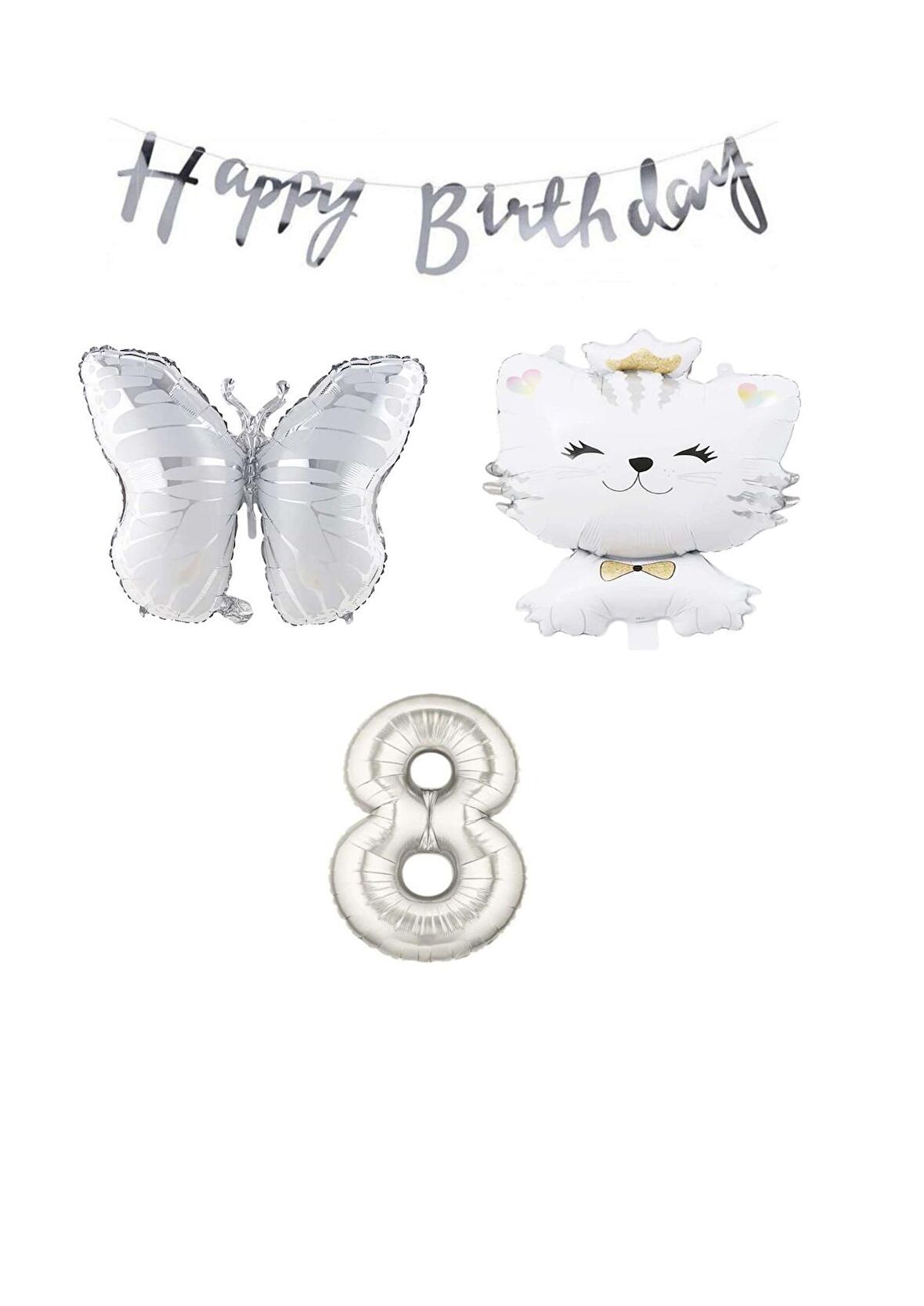 Happy Bırthday Banner Sevimli Kedi Kelebek ve Rakam Folyo Balon Seti Yaş 8