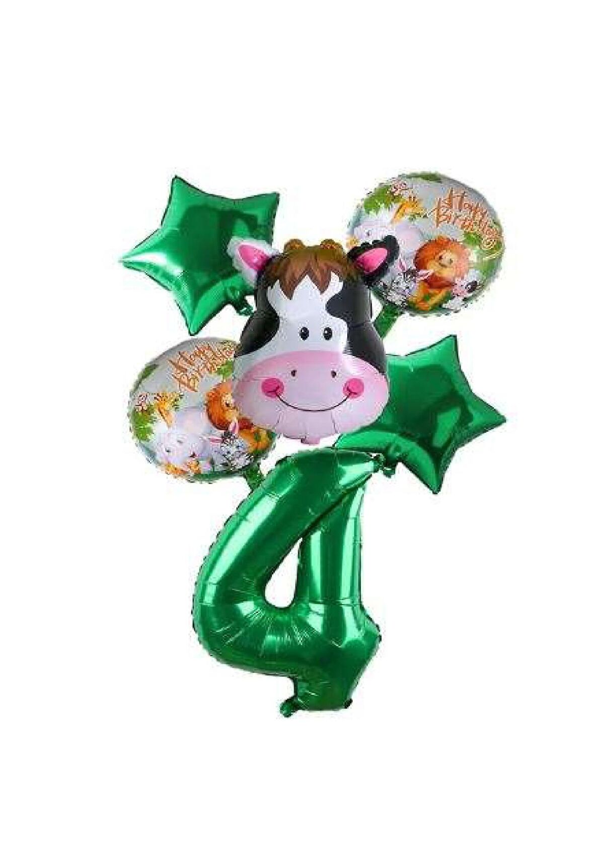 Yeşil Rakam Yıldız İnek Hayvan Folyo Balon Seti Yaş 4