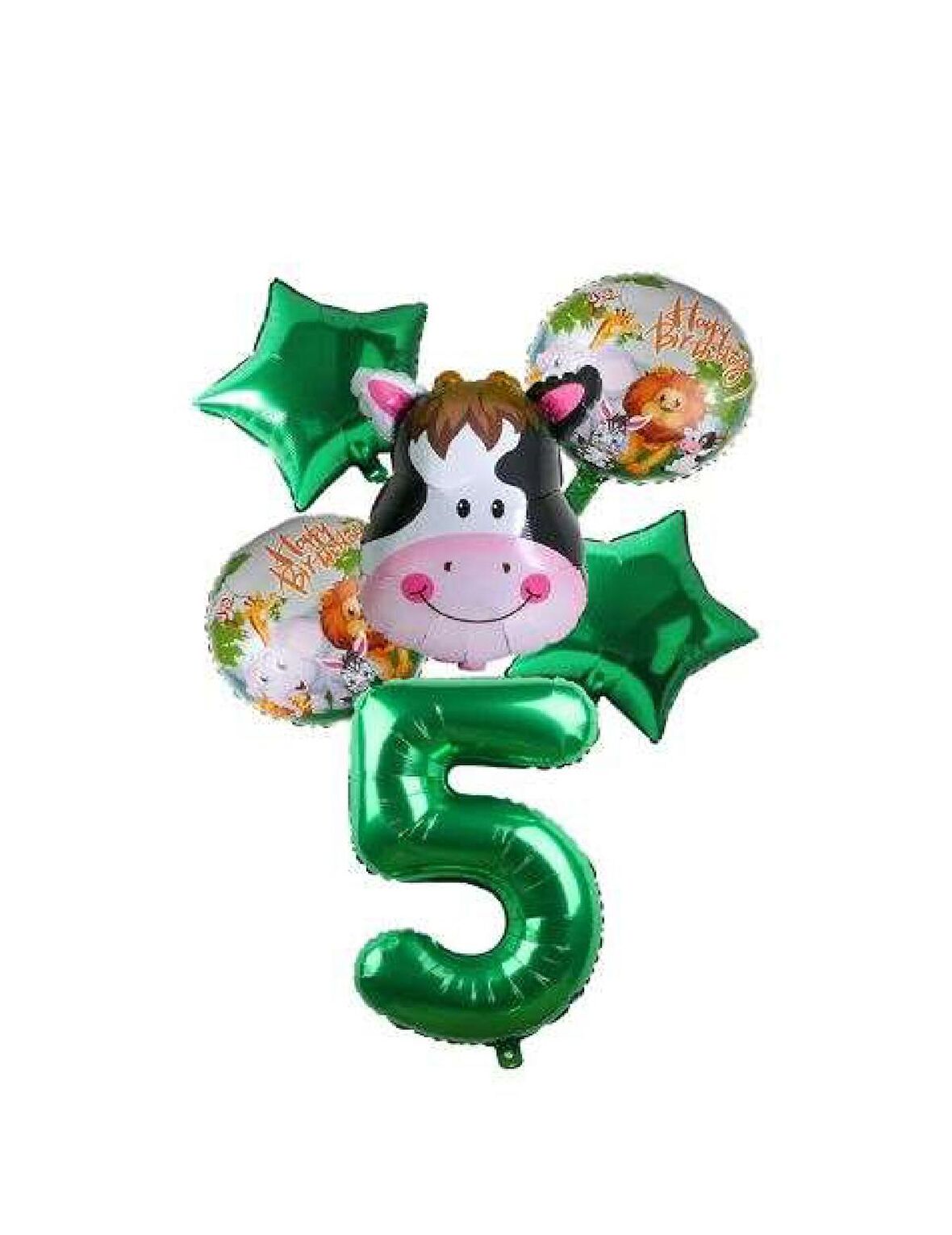 Yeşil Rakam Yıldız İnek Hayvan Folyo Balon Seti Yaş 5