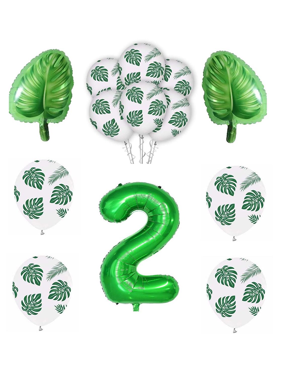 Yeşil Yaprak Baskılı Latex ve Yeşil Rakam Yaprak folyo Balon Seti Yaş 2