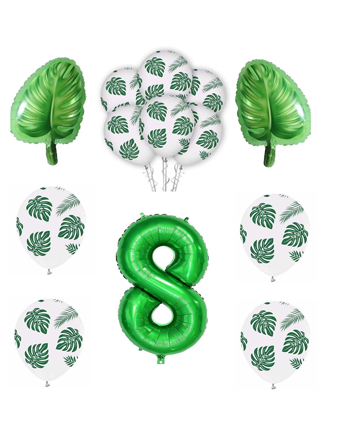 Yeşil Yaprak Baskılı Latex ve Yeşil Rakam Yaprak folyo Balon Seti Yaş 8