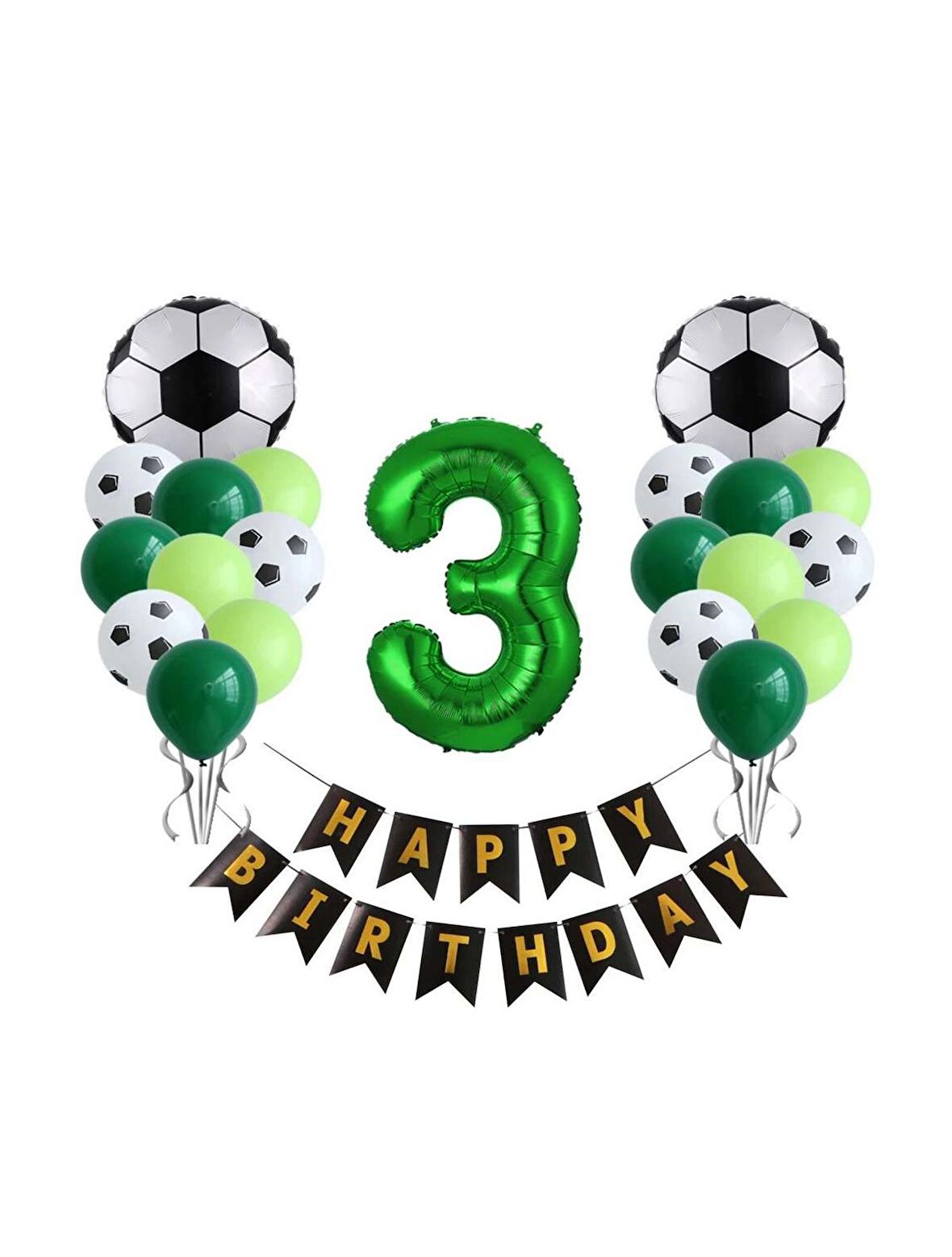 3 Yaş Futbol Temalı Yeşil Rakamlı Happy Bırthday Yazılı Doğum Günü Seti