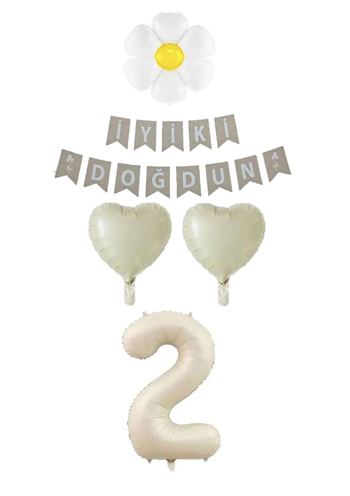 2 Yaş Papatyalı Rakam Kalp Folyo Balon Doğum Günü Seti