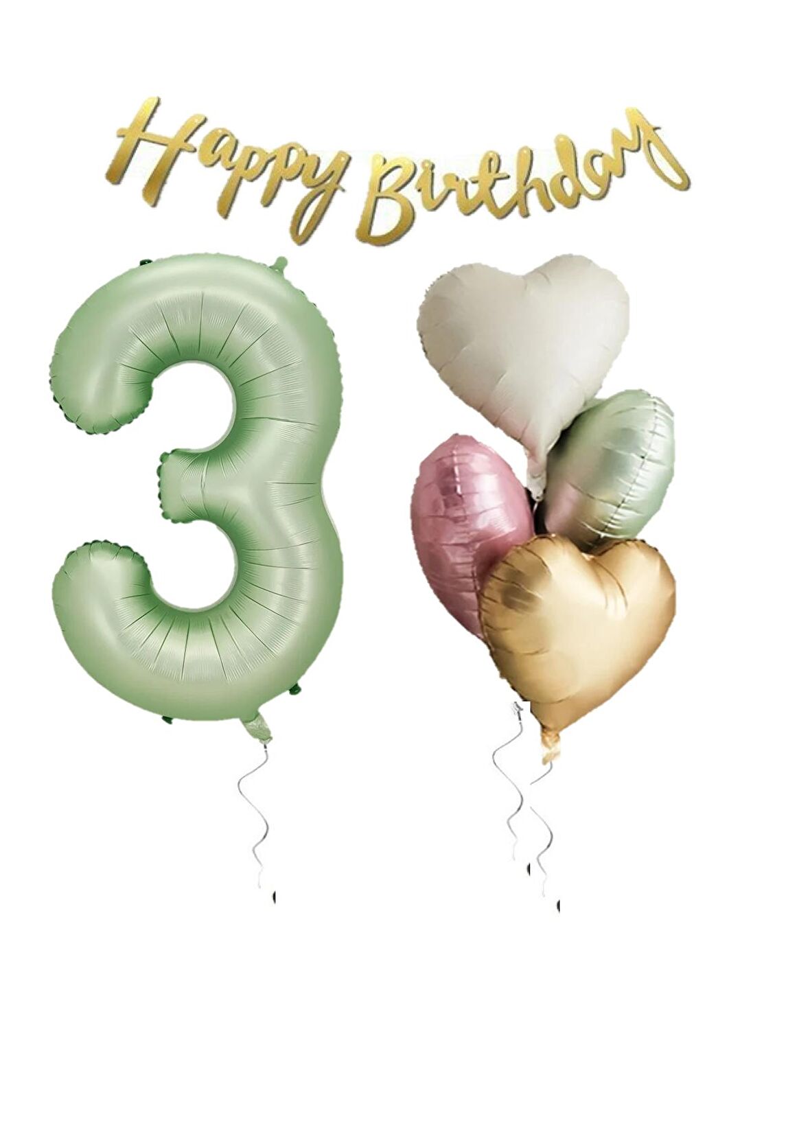 Su Yeşili Renk Rakam Kalp Balon Happy Bırthday Yazılı Doğum Günü Seti Yaş 3