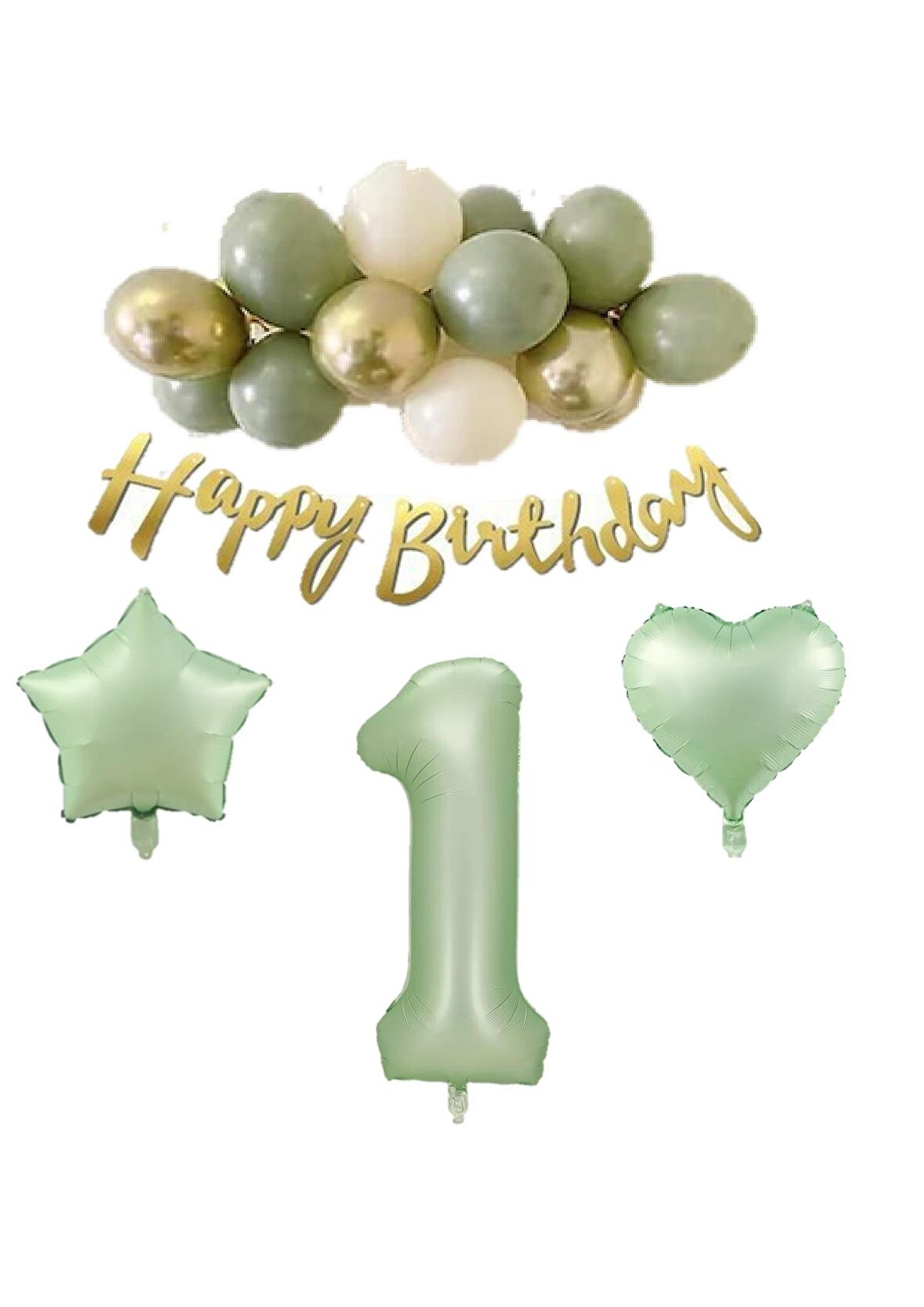 1 Yaş Happy Bırthday Yazılı Banner Su Yeşili Renk Rakam Kalp Yıldız Folyo ve Latex Balon Seti