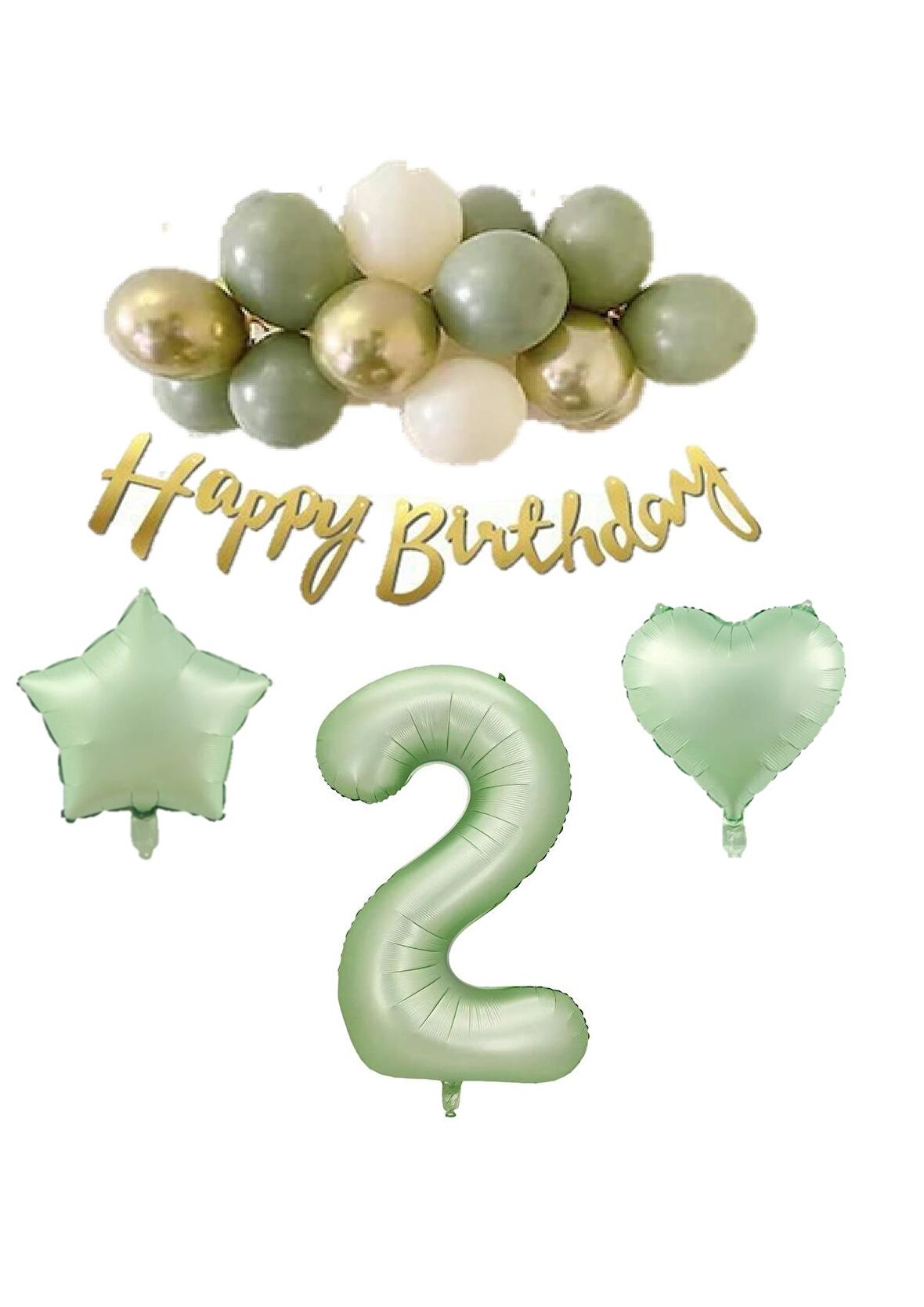 2 Yaş Happy Bırthday Yazılı Banner Su Yeşili Renk Rakam Kalp Yıldız Folyo ve Latex Balon Seti