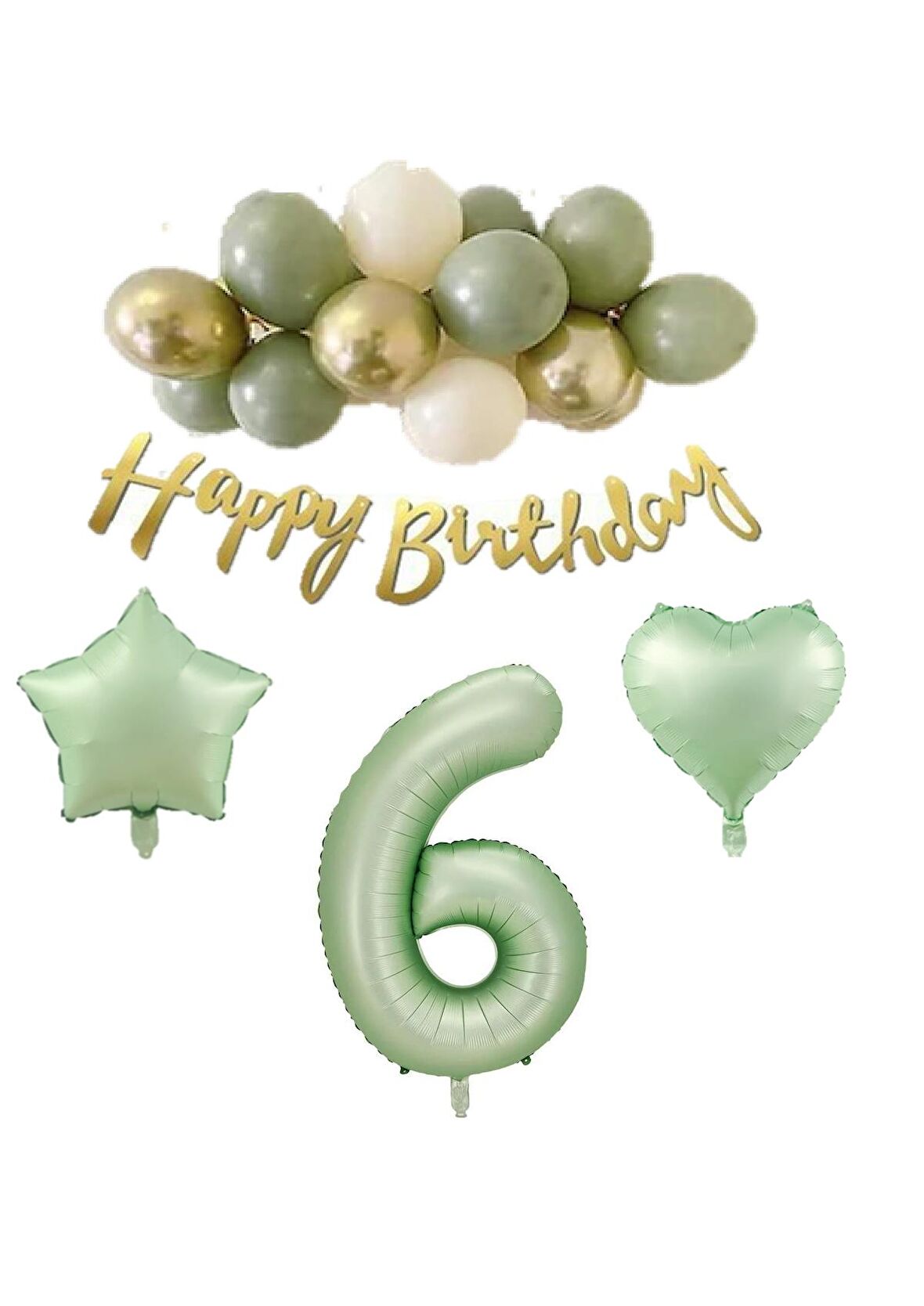 6 Yaş Happy Bırthday Yazılı Banner Su Yeşili Renk Rakam Kalp Yıldız Folyo ve Latex Balon Seti