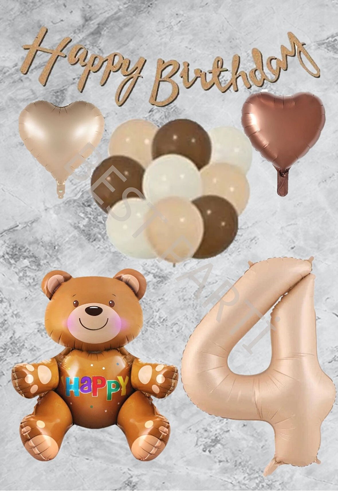 Kum Beji Rakam Kalp Ayıcıklı Folyo Balon Seti Yaş 4
