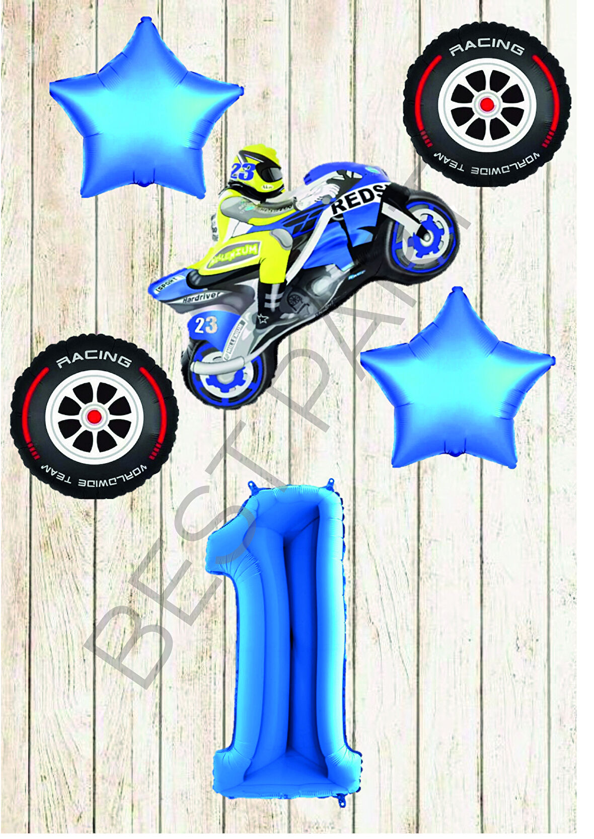 Motorsiklet-Yarış Lastiği ve Mavi Rakam Yıldız Folyo Balon Seti Yaş-1