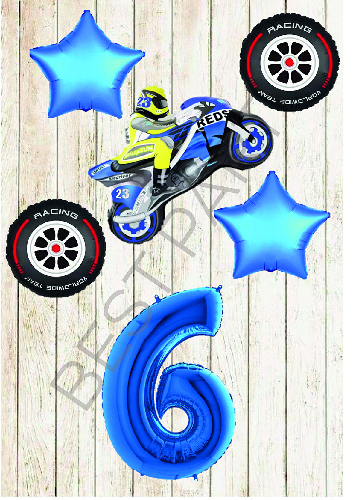 Motorsiklet-Yarış Lastiği ve Mavi Rakam Yıldız Folyo Balon Seti Yaş-6