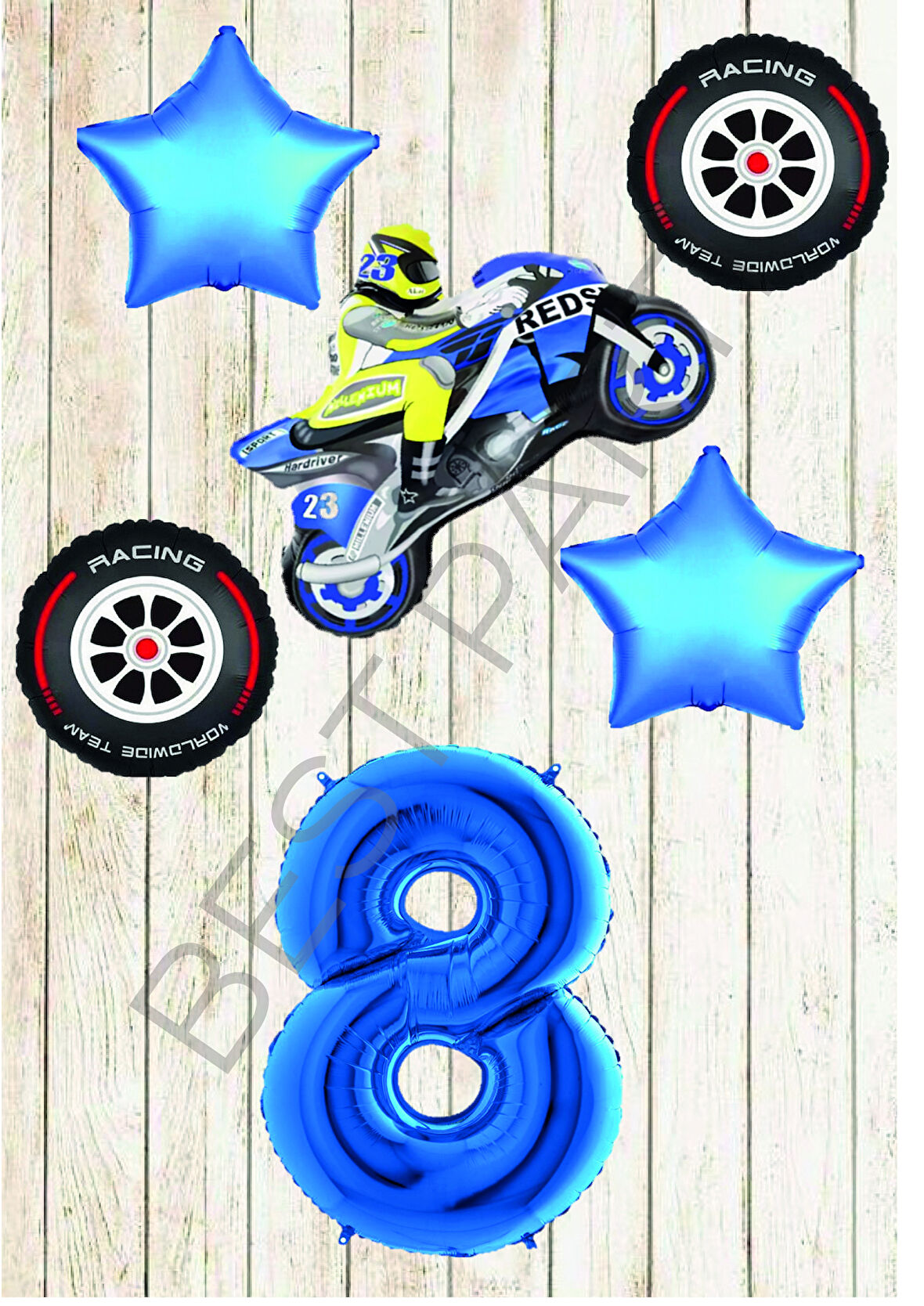 Motorsiklet-Yarış Lastiği ve Mavi Rakam Yıldız Folyo Balon Seti Yaş-8