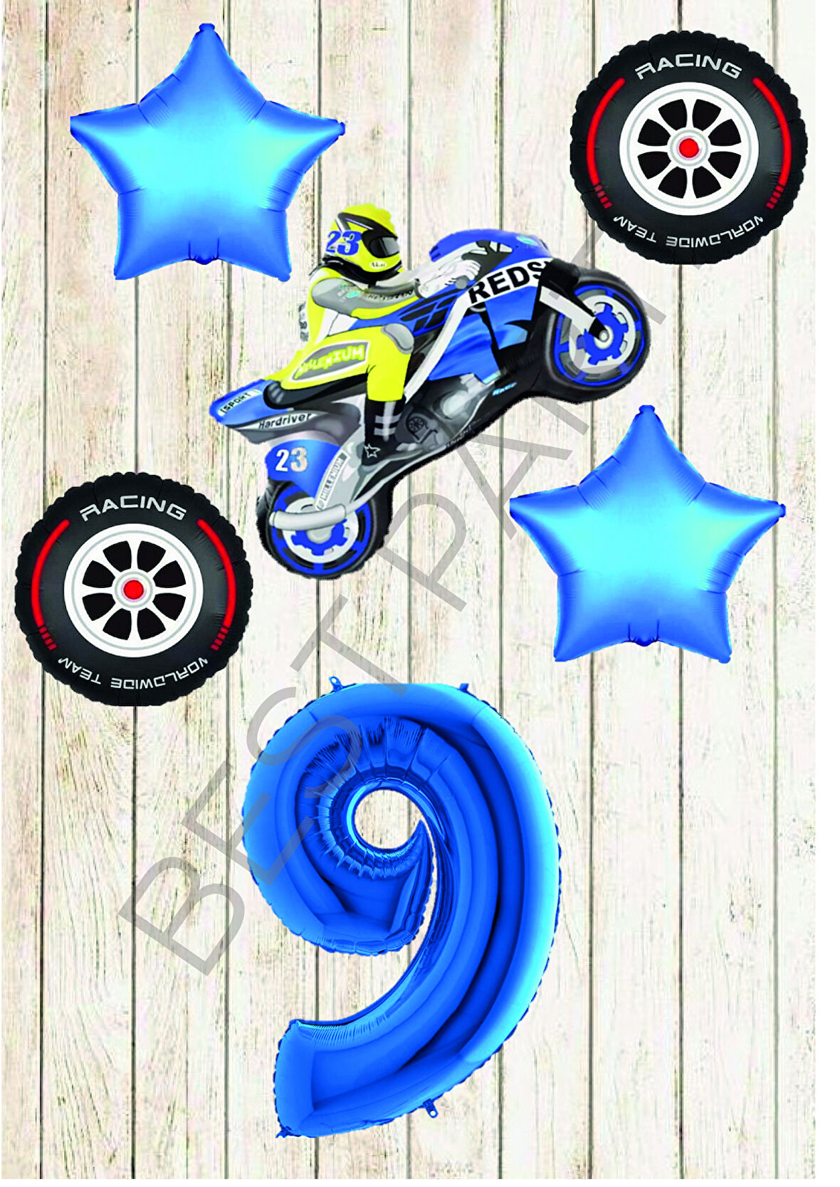 Motorsiklet-Yarış Lastiği ve Mavi Rakam Yıldız Folyo Balon Seti Yaş-9