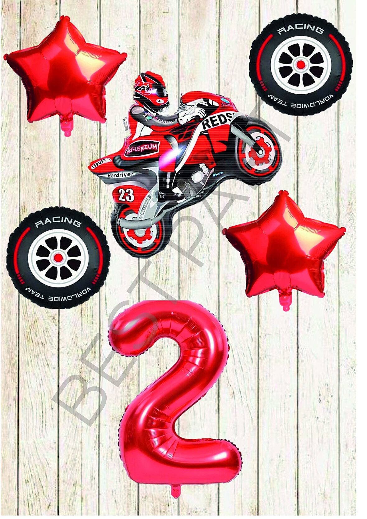 Motorsiklet-Yarış Lastiği ve Kırmızı Rakam Yıldız Folyo Balon Seti Yaş-2
