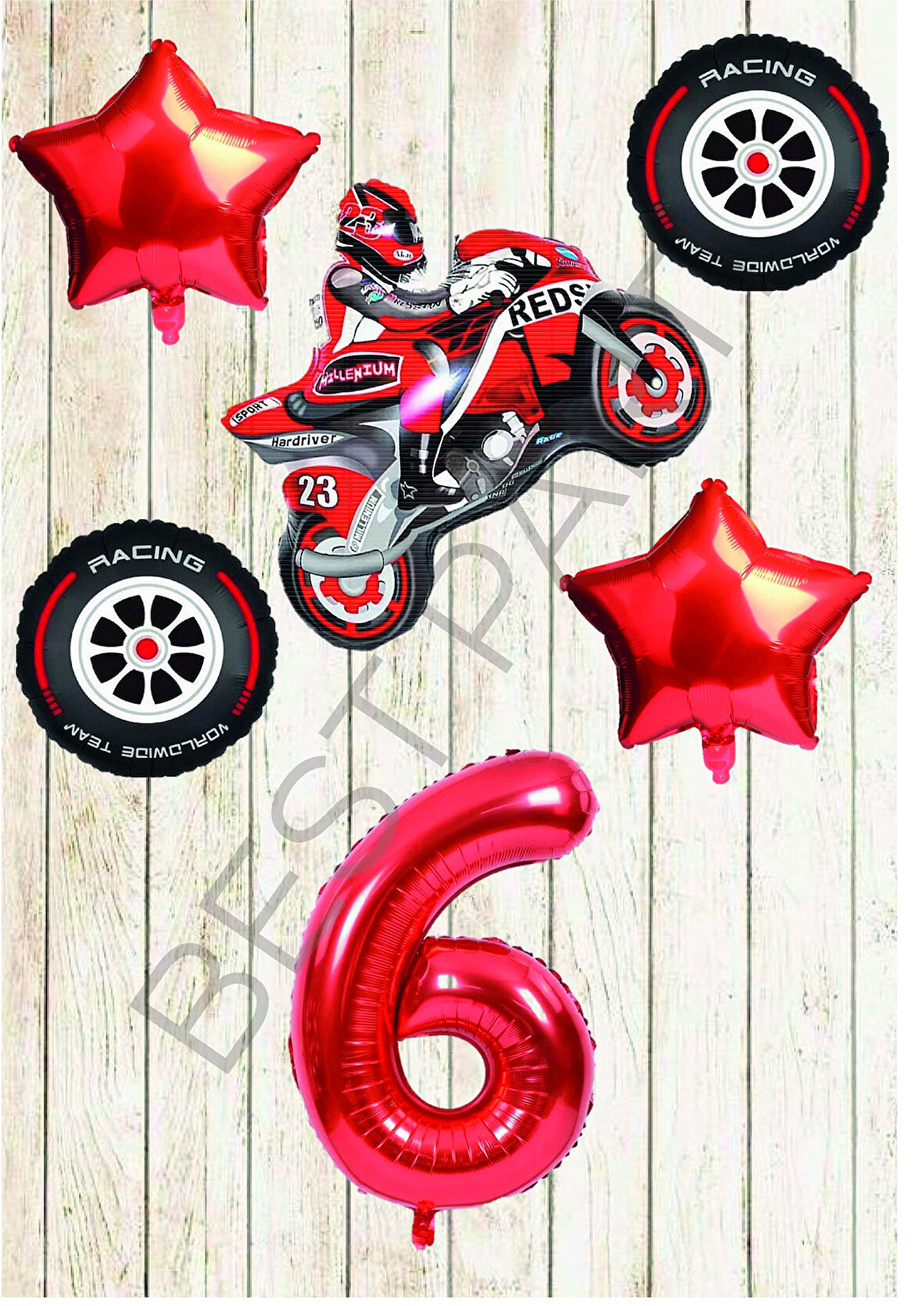 Motorsiklet-Yarış Lastiği ve Kırmızı Rakam Yıldız Folyo Balon Seti Yaş-6