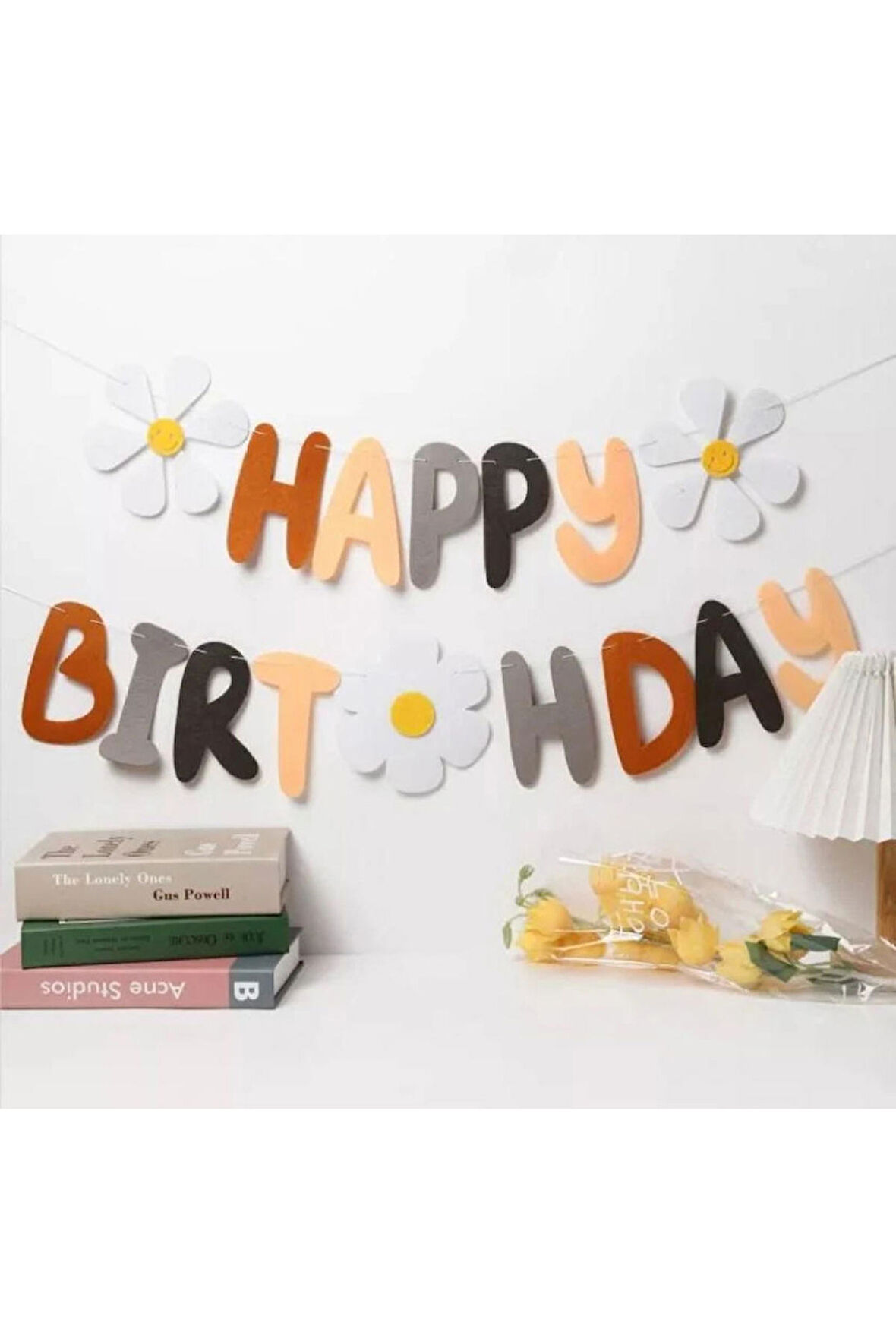 Retro Happy Bırthday Beyaz Papatya Eva Banner Seti