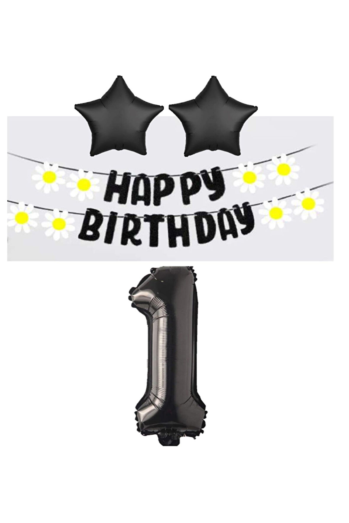 Best Siyah Rakam Yıldız Folyo Balon Happy Bırthday Beyaz Papatya Eva Banner Seti Yaş 1